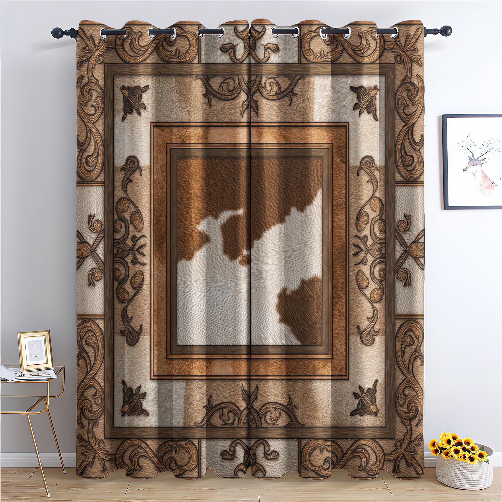 Venivici Cow Print Blackout Curtains for Bedroom Living Room - 90 Inch Drop Curtains Eyelet, Western Rustic Cowhide Farmhouse Patterned Window Treatments, Thermal Insulated Drapes 46x90 2 Panels