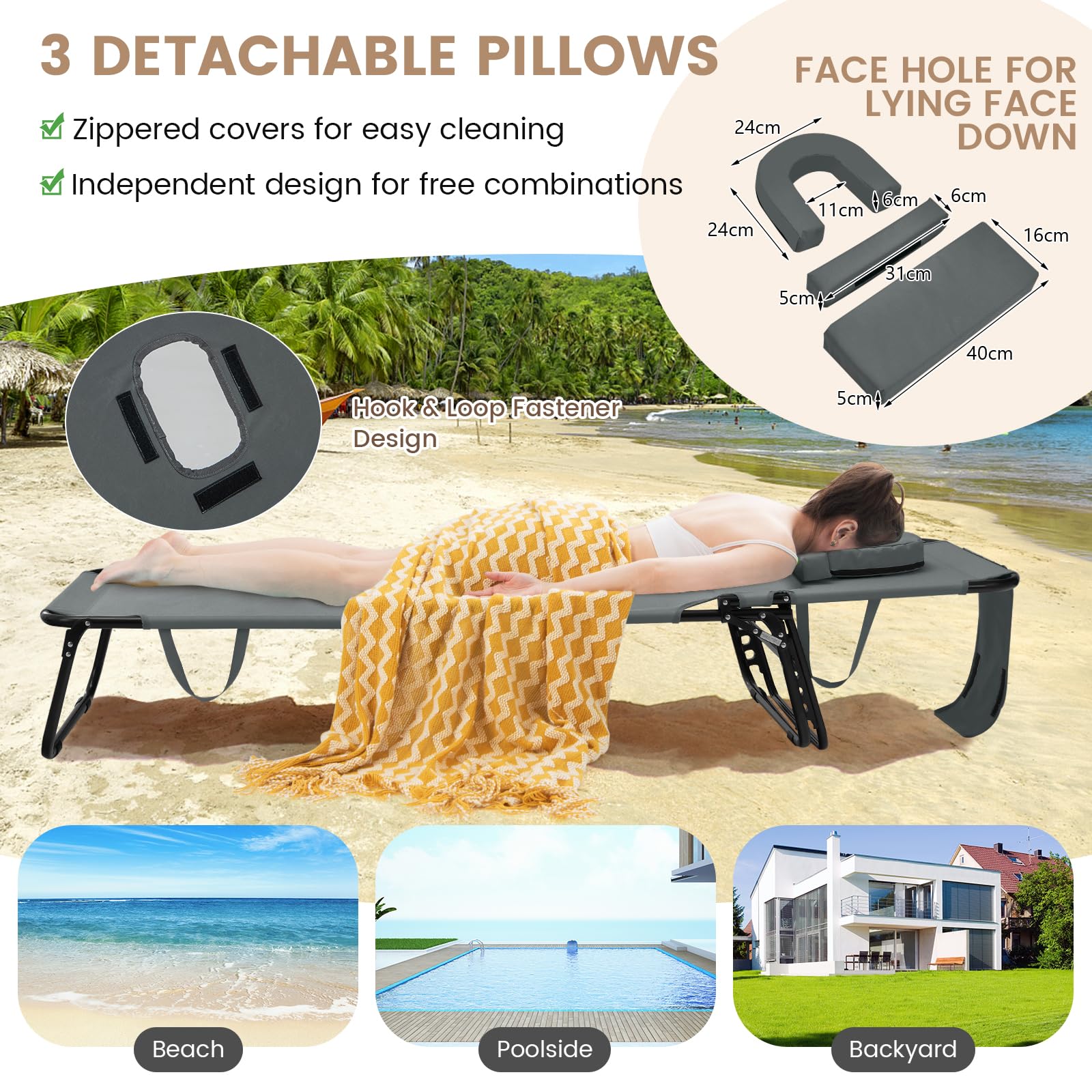 GIANTEX Chaise Longue Pliante pour Bronzage, Charge 160 kg, Dossier Réglable à 5 Positions, Repose-Pieds à 2 Positions, Bain de Soleil, Trou pour Visage, Transat Jardin pour Piscine, Plage, Gris