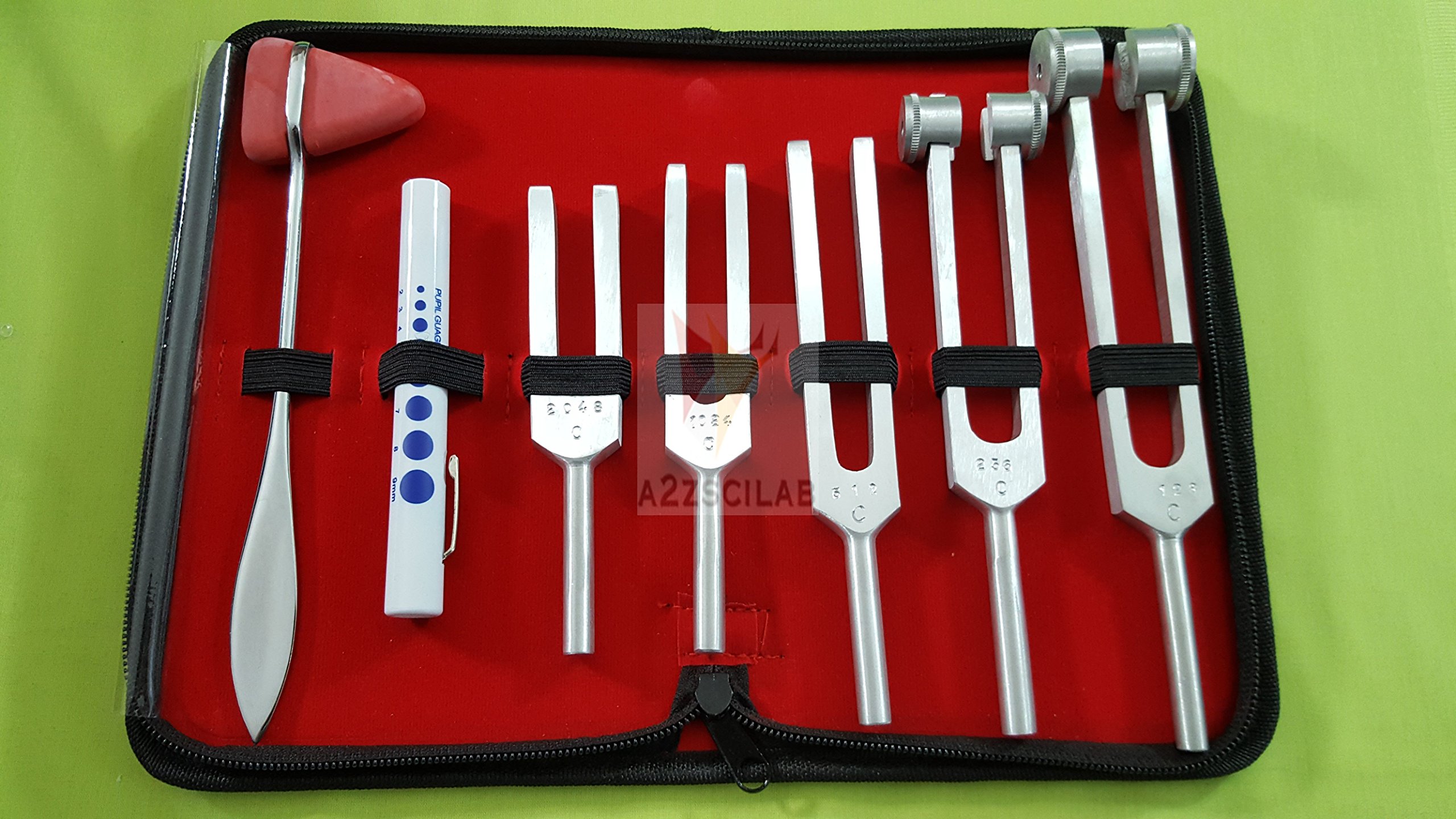 Set of 7 pcs Tuning Fork C128, C256, C512, C1024, C2048 + Reflex Percussion Taylor Hammer + Penlight (A2ZSCILAB Brand)