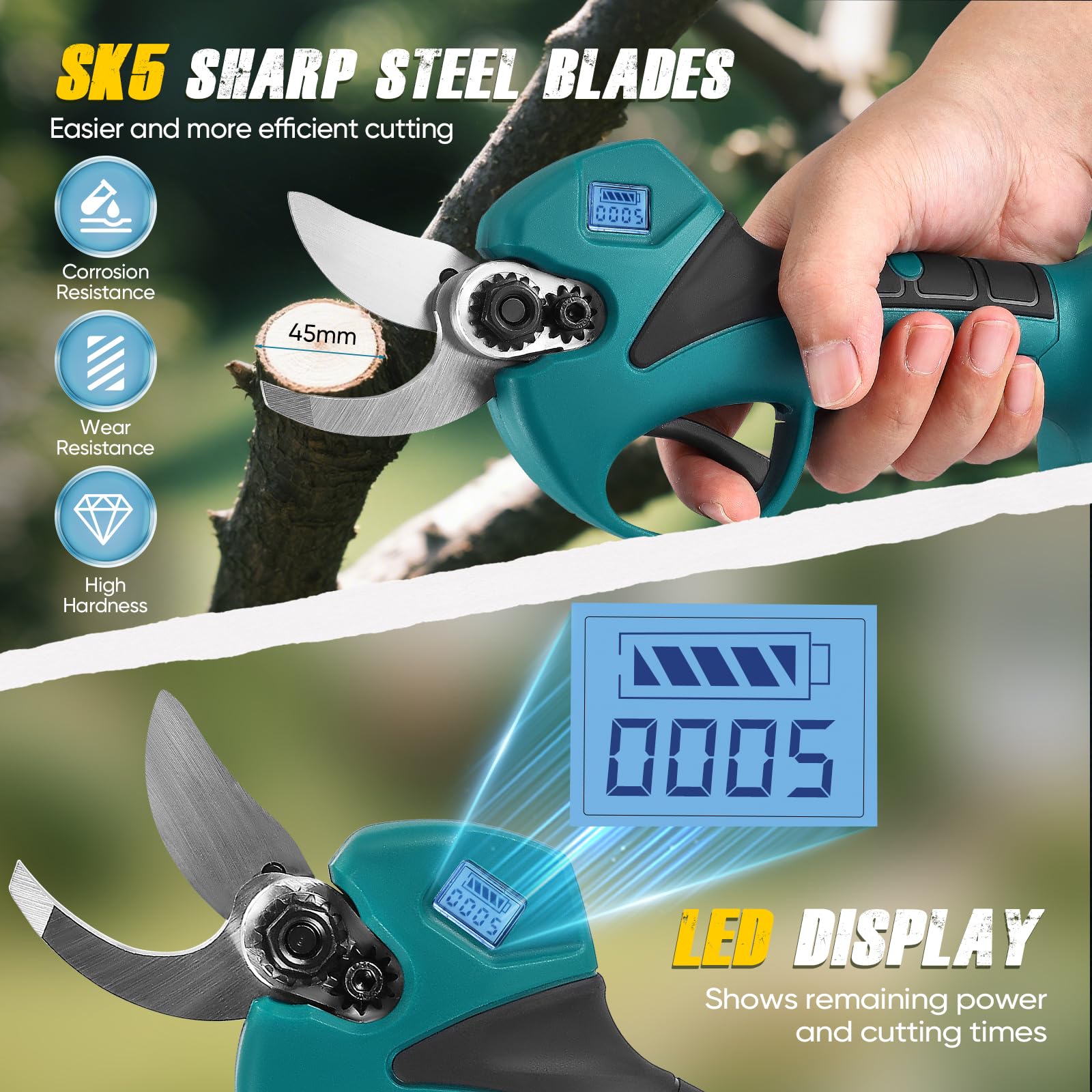 2 en 1 Secateur Electrique Sans Fil, avec 21V 2x3.0 Ah Batteries, Elagueuse sur Perche pour Arbres et Arbustes