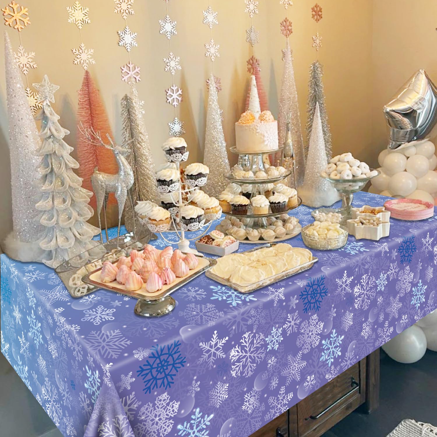QUERICKY 2 Pack Winter Snowflake Tablecloths, 87x51'' Plastic Blue Purple Snowflake Table Cover Winter Wonderland Birthday Backdrop Decorations For Girls Princess Party Christmas Winter Holiday Party