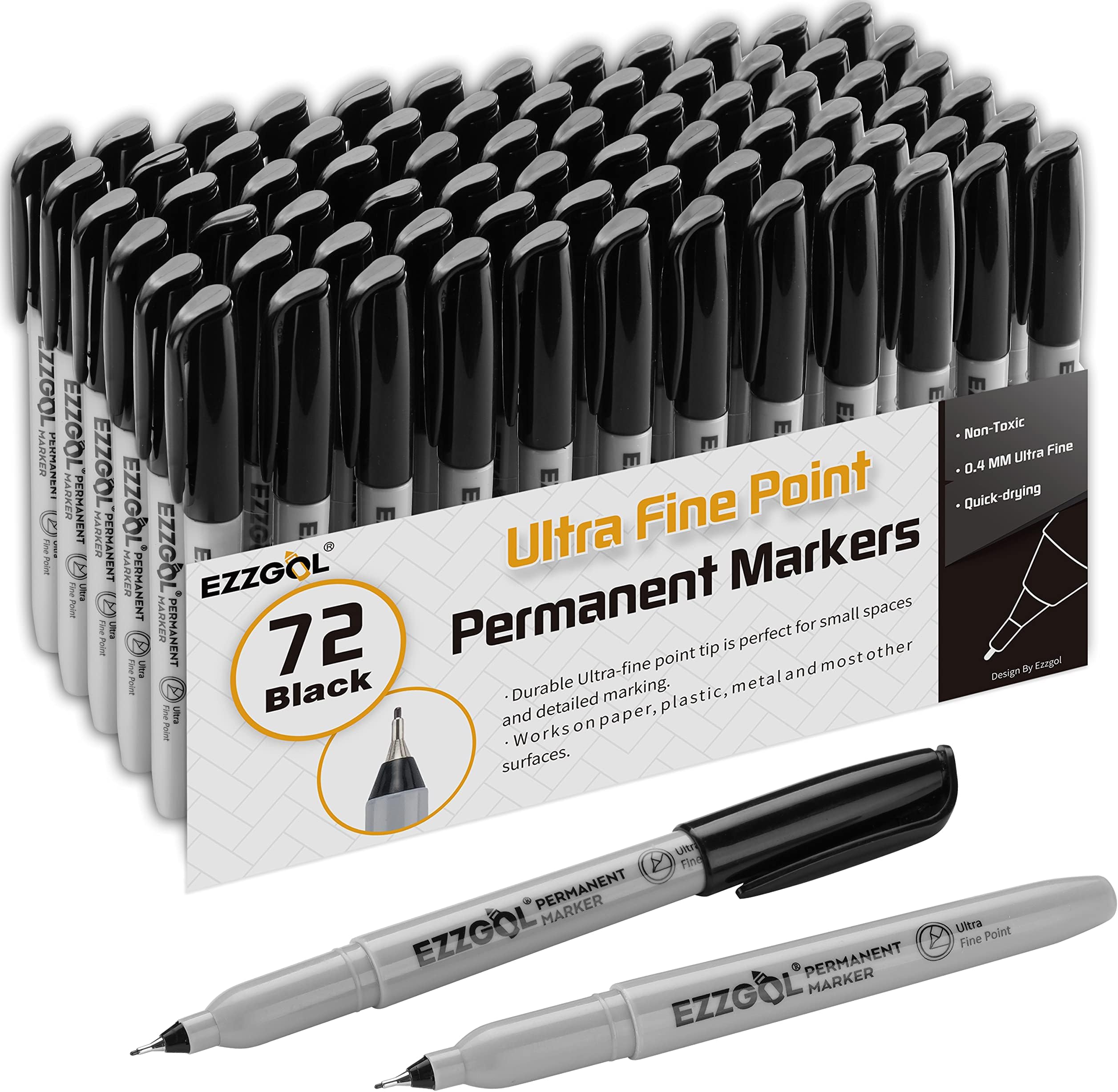 Ezzgol Ultra Fine Permanent Marker, 72 Pack Ultra Fine Point Black Permanent Marker set, Works on Plastic,Wood,Stone,Metal and Glass for Doodling, Marking