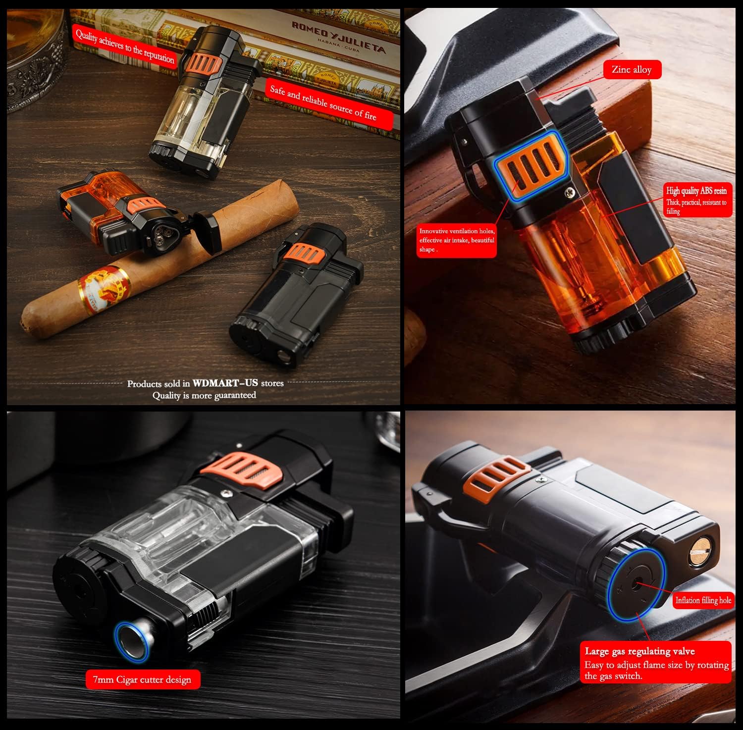 WDMART-US Windproof Refillable lighters - Metal Butane Gas Lighter - Triple Turbo Direct Injection lighters • Transparent Gas Tank•One-Button Automatic lid Opening(Note: Gas is not Included)(White)