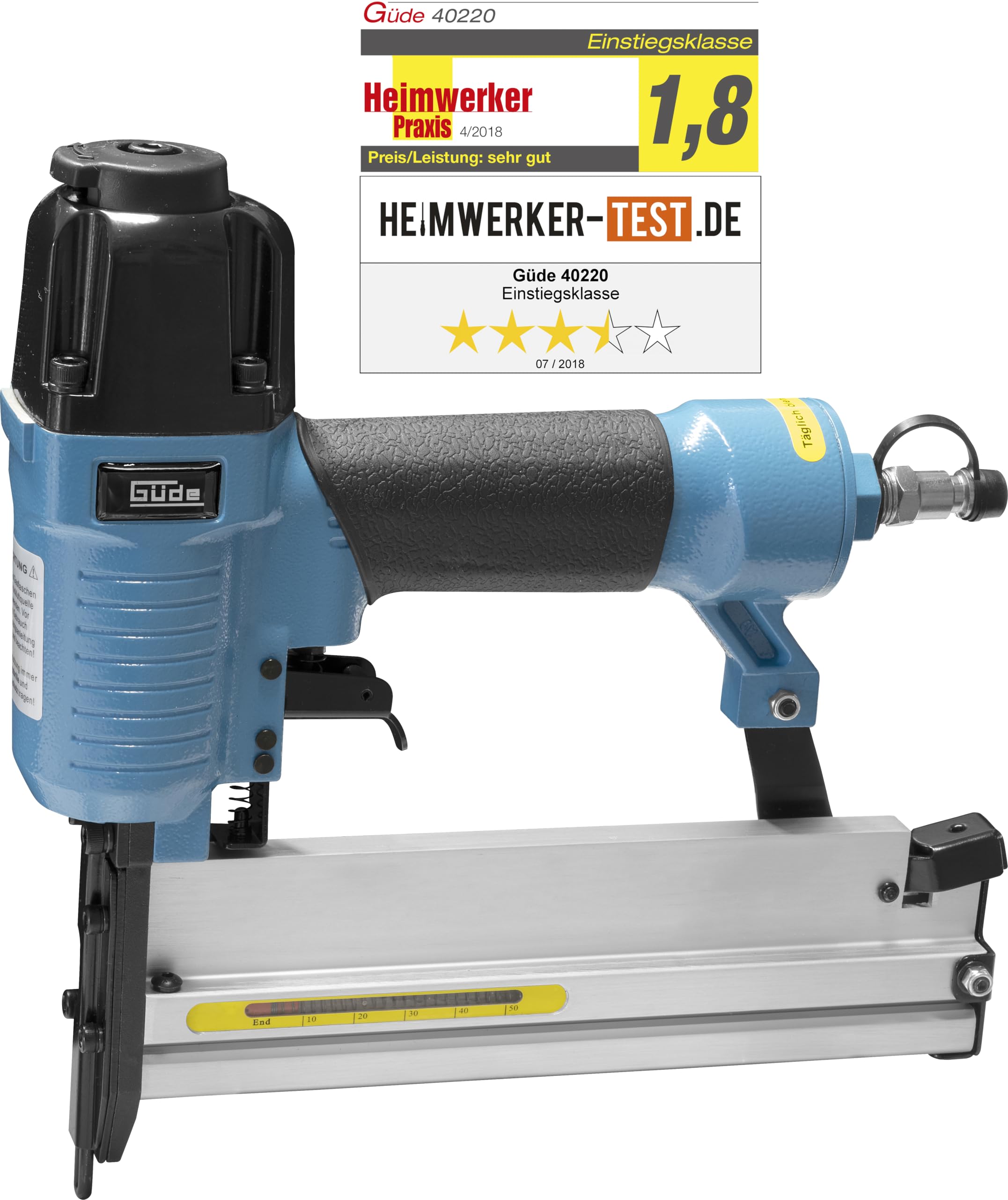 Güde Druckluft-Klammergerät/Nagler (max. 6 bar, Test GUT - SEHR GUT, Tiefenkontrollrad, Sicherheitsschlagsperre, inkl. 1500 Klammern (20/32/40 mm) & 2000 Stifte (25/40 mm), Ölflasche, Tragekoffer)