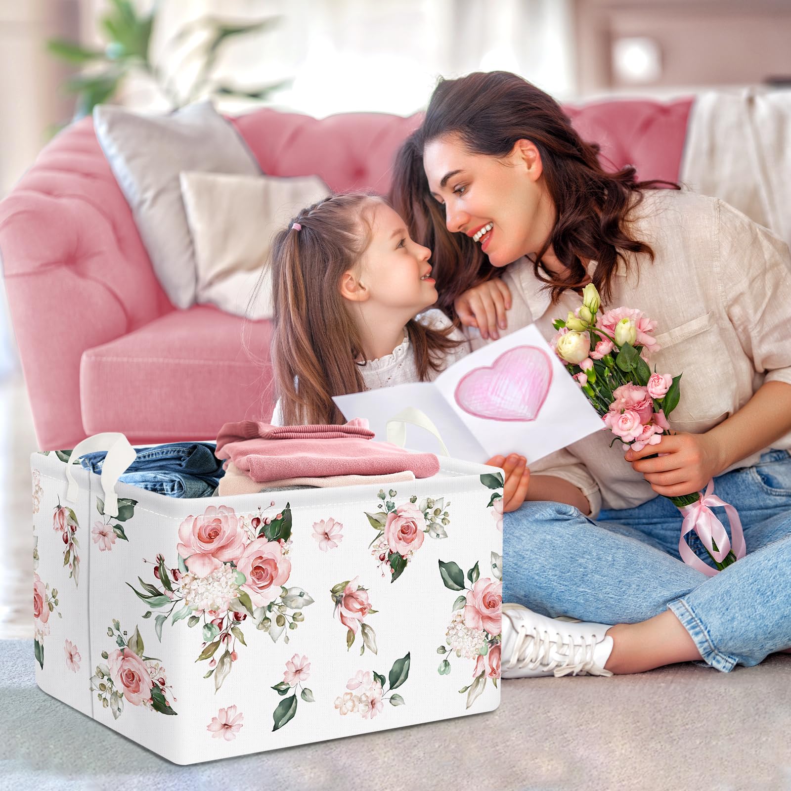 Clastyle Paniers Rangement Elégante Fleur Blanche Rose Boîtes de Rangement Cubique pour la Chambre des Enfants, 36x26x23 cm