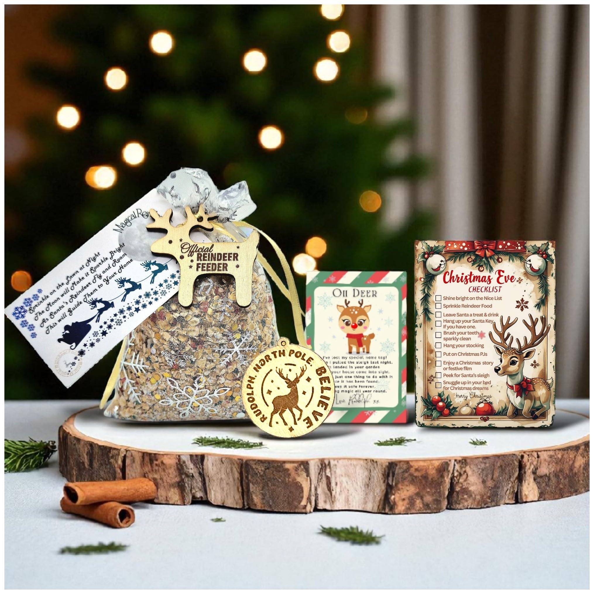 Christmas Eve Box Fillers for Kids – Reindeer Food Set, Magic Reindeer Dust, Rudolph’s Lost Tag, Wooden Reindeer Decoration & Xmas Eve Checklist – Perfect Christmas Eve Box Filler Gift