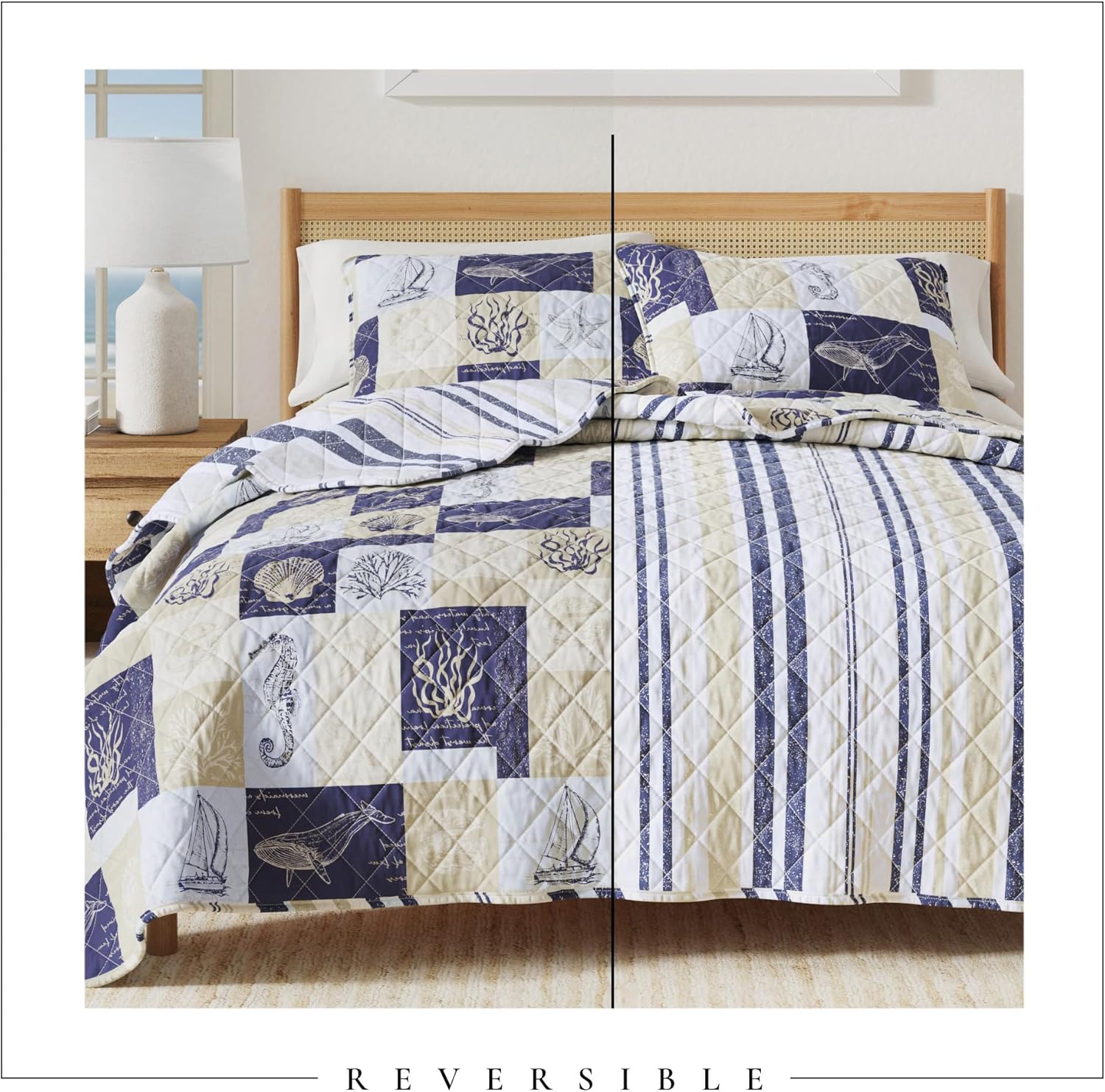 Great Bay Home Coastal Quilt Set - 3-Piece Full/Queen Size Nautical Patchwork Bedding Set - Lightweight, All-Season, Reversible Bedspread (Coastal Patchwork)