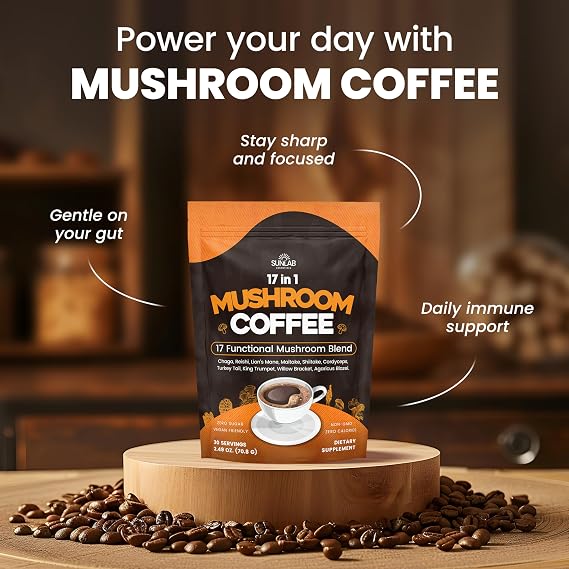 Organic Mushroom Coffee 17 Functional Mushroom Blend (Lion's Mane, Reishi, Chaga, Cordyceps, Turkey Tail & More) Gourmet Arabica Instant Coffee for Immunity, Focus & Energy - USA Made - 30 Servings