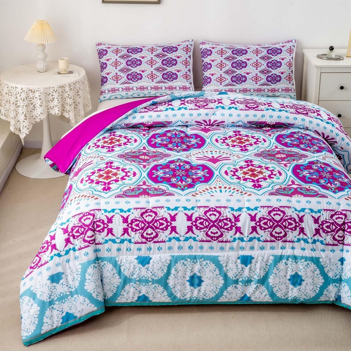 Boho Comforter Set King Size Girls Bohemian Bedding Set for College Women Teens Purple Lattice Comforter Microfiber Exotic Tribal Duvet Set Geometric Quilt with 2 Matching Decorative Pillow