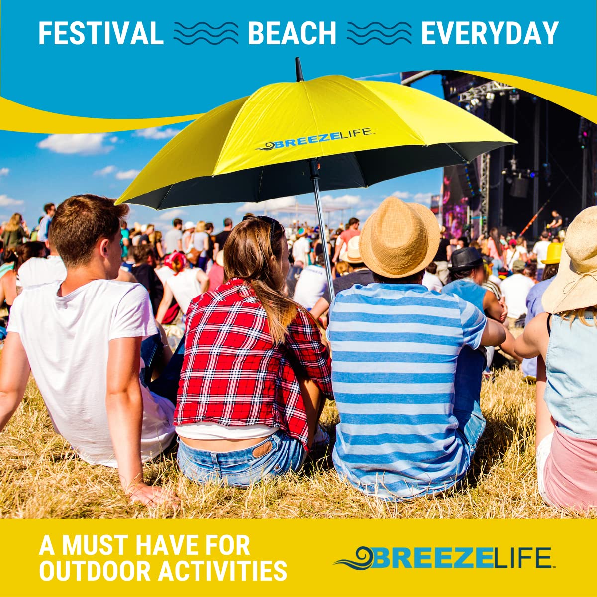Breeze Life Sun Umbrella with Misting Fan, Rechargeable UPF 50+ Sunblock UV Umbrella with Misting Fan. Perfect for Summer Outings such as Golf, Beach and Festivals. Mister Breeze Gen2 (Yellow)
