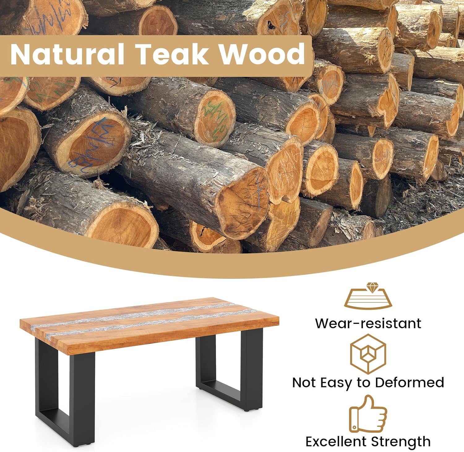 Giantex Teak Outdoor Coffee Table, Rectangular Resin Side Table with River Feel Epoxy Tabletop, Indoor Outdoor Solid Wood Center Table, Patio Table for Living Room, Poolside, Backyard