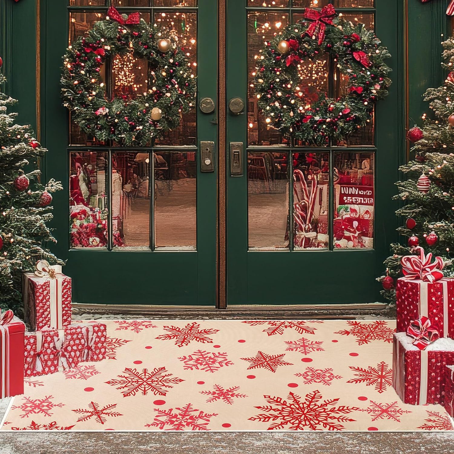 Nuanchu Extra Large Christmas Doormat Merry Christmas Front Door Mat Winter Holiday Large Welcome Mat Washable Carpet Nonslip Rug for Xmas Decor(Red Snowflakes,3.6 x 2.4 ft) Red Snowflakes 2'4" x 3'7" (Rectangular)