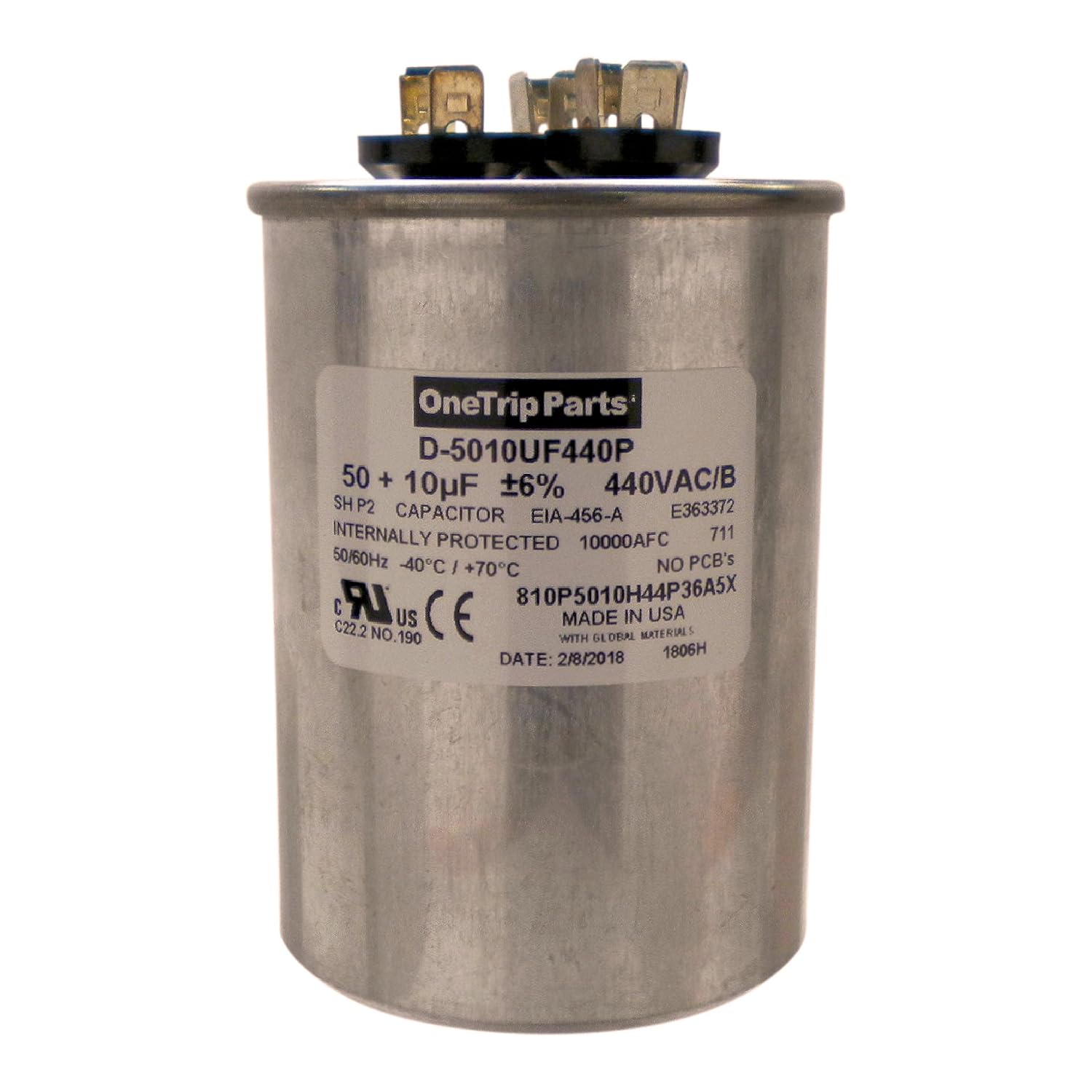 USA Run Capacitor 50+10 UF 50/10 MFD 370 VAC / 440 VAC 2-1/2 Inch Round Heavy Duty