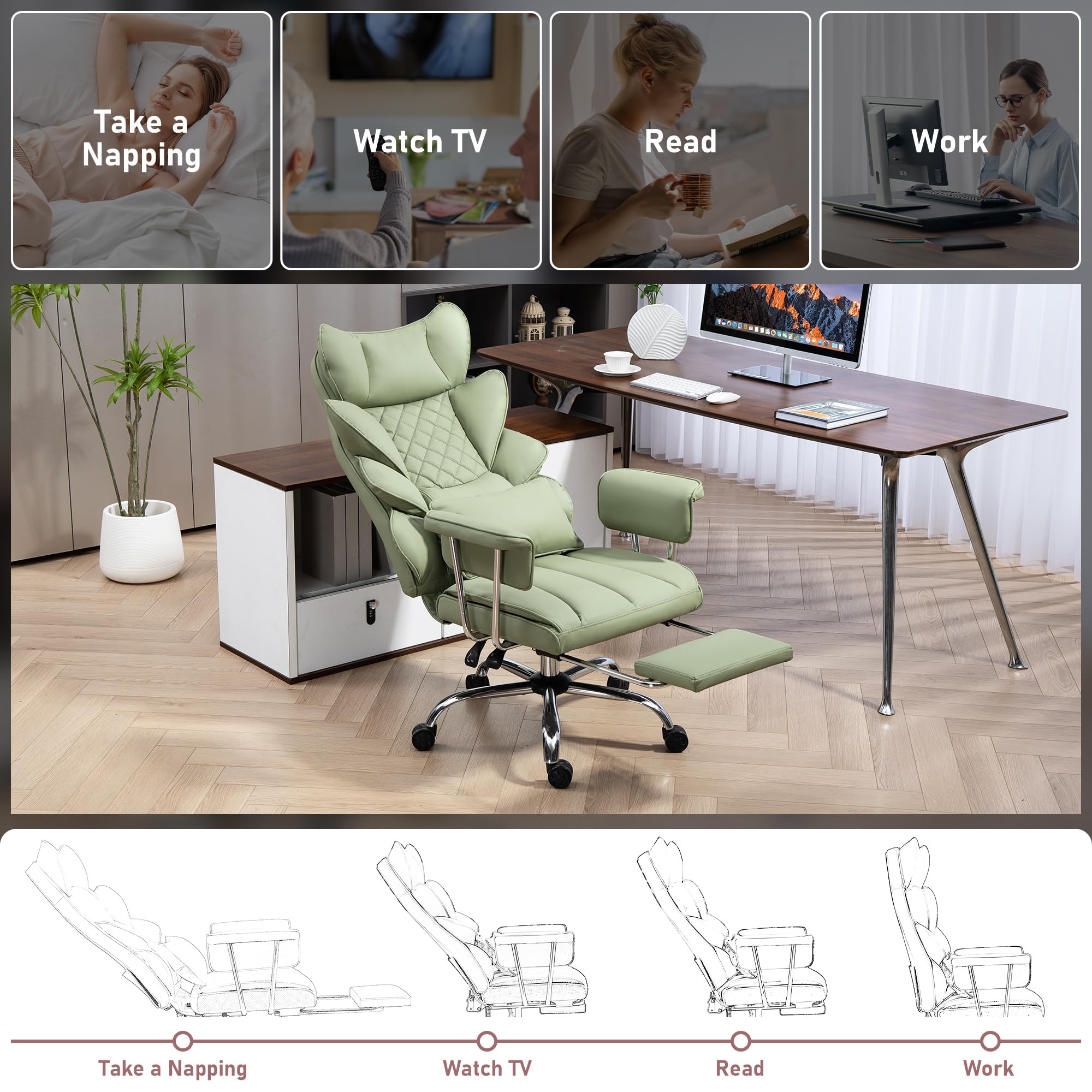 Silla de Oficina con Reposapiés - Silla Ergonómica para Gaming y Ejecutivos, con Giro de 360°, Respaldo Ajustable de 90°-135° y Reposabrazos Suaves para Máxima Comodidad (Verde)