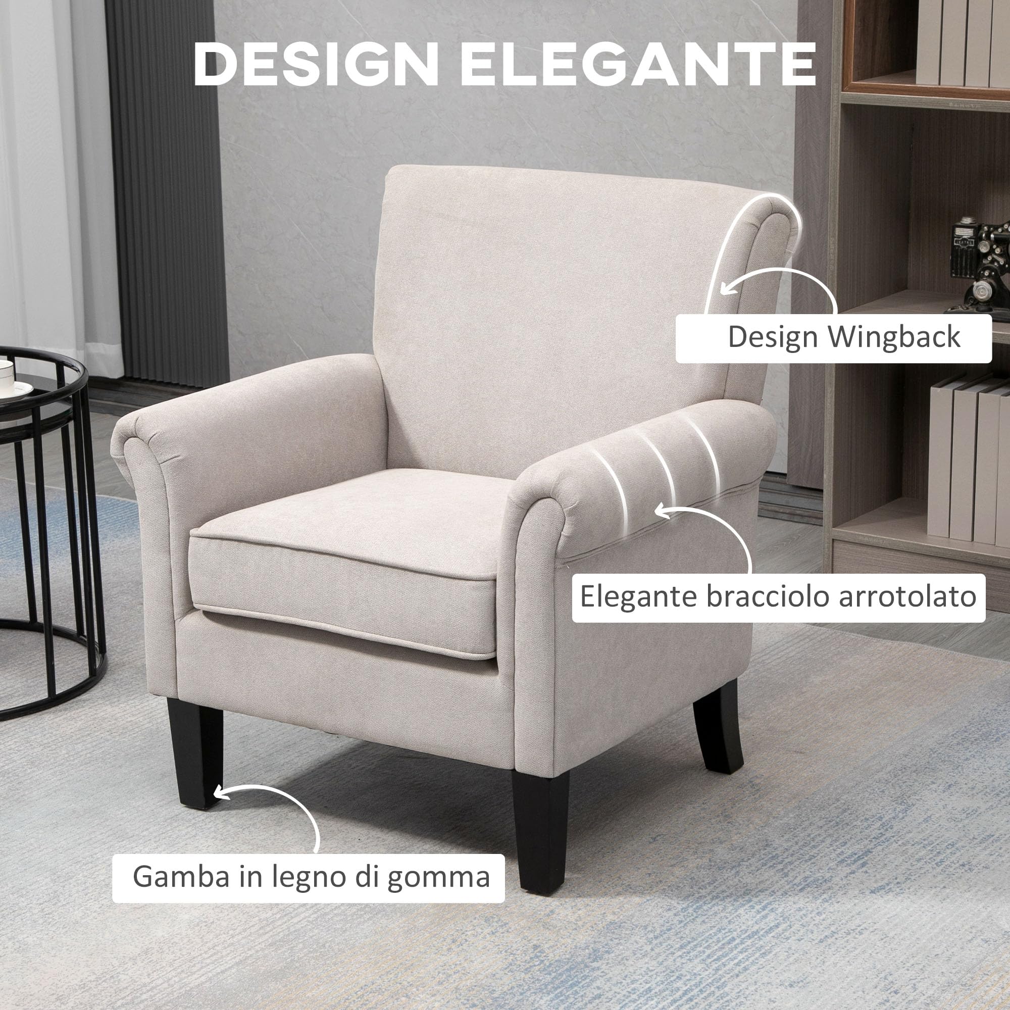 HOMCOM Poltrona d'Arredo in Stile Nordico con Braccioli, Poltrona Imbottita in Legno e Poliestere, 79x78x87 cm, Grigio e Marrone