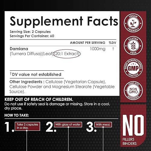 Miniatura 3 de AMALTH Extracto de hoja de damiana  120 cápsulas de damiana  Sin OMG, sin gluten  Suplemento de hierba de damiana orgánica y polvo de damiana