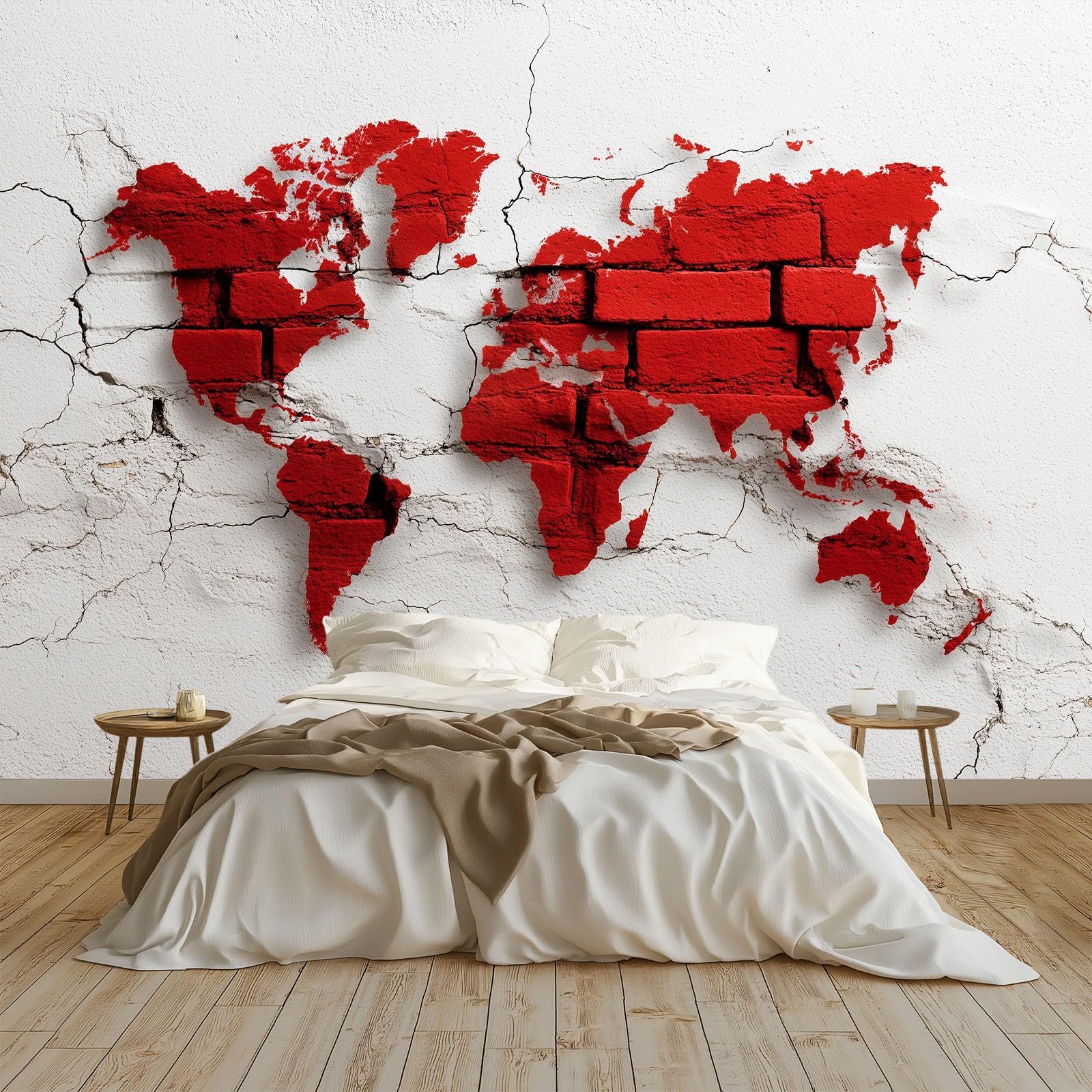 250 x 175 cm, fototapeta z flizeliny, efekt 3D, mur z cegły, mapa świata, fototapety do salonu, sypialni, tapeta ścienna, jasny kolor