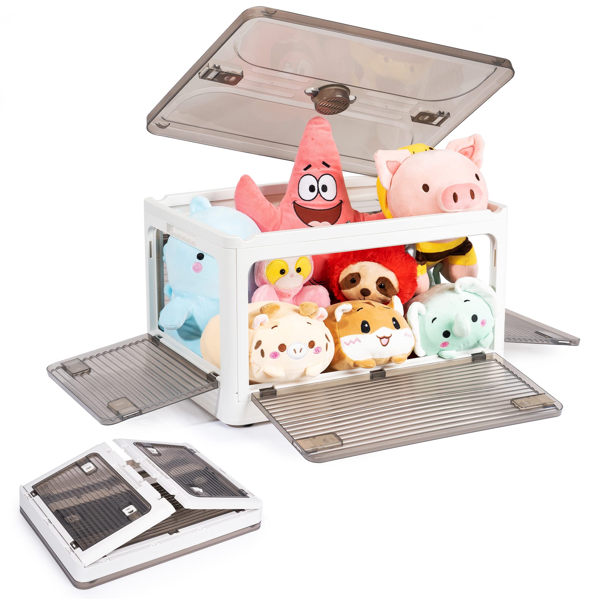 WYZworks Transparent 5 Door 20L Capacity Foldable Stackable Plastic Storage Box Tote w/ Wheels, Designed for Clothing, Snack Pantry, Toys, Side Latching Locks, Quick Collapsible Organizing Bin, White