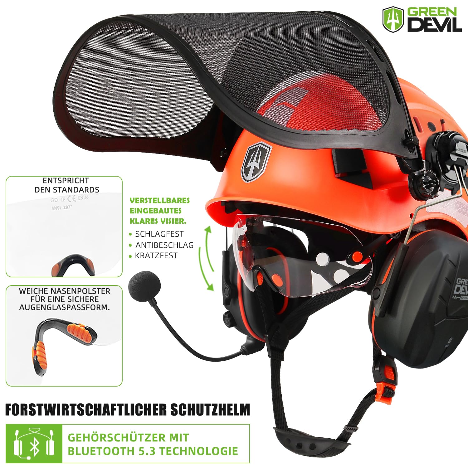 GREEN DEVIL Kettensägen-Schutzhelm Forstschutzhelm Sicherheitshelm mit Gehörschutz Ohrenschützer und Gesichtsschutz Visier 3 in1 Helmset Schlagfeste Bequeme Belüftung Arbeitshelm EN397 & EN 352-3