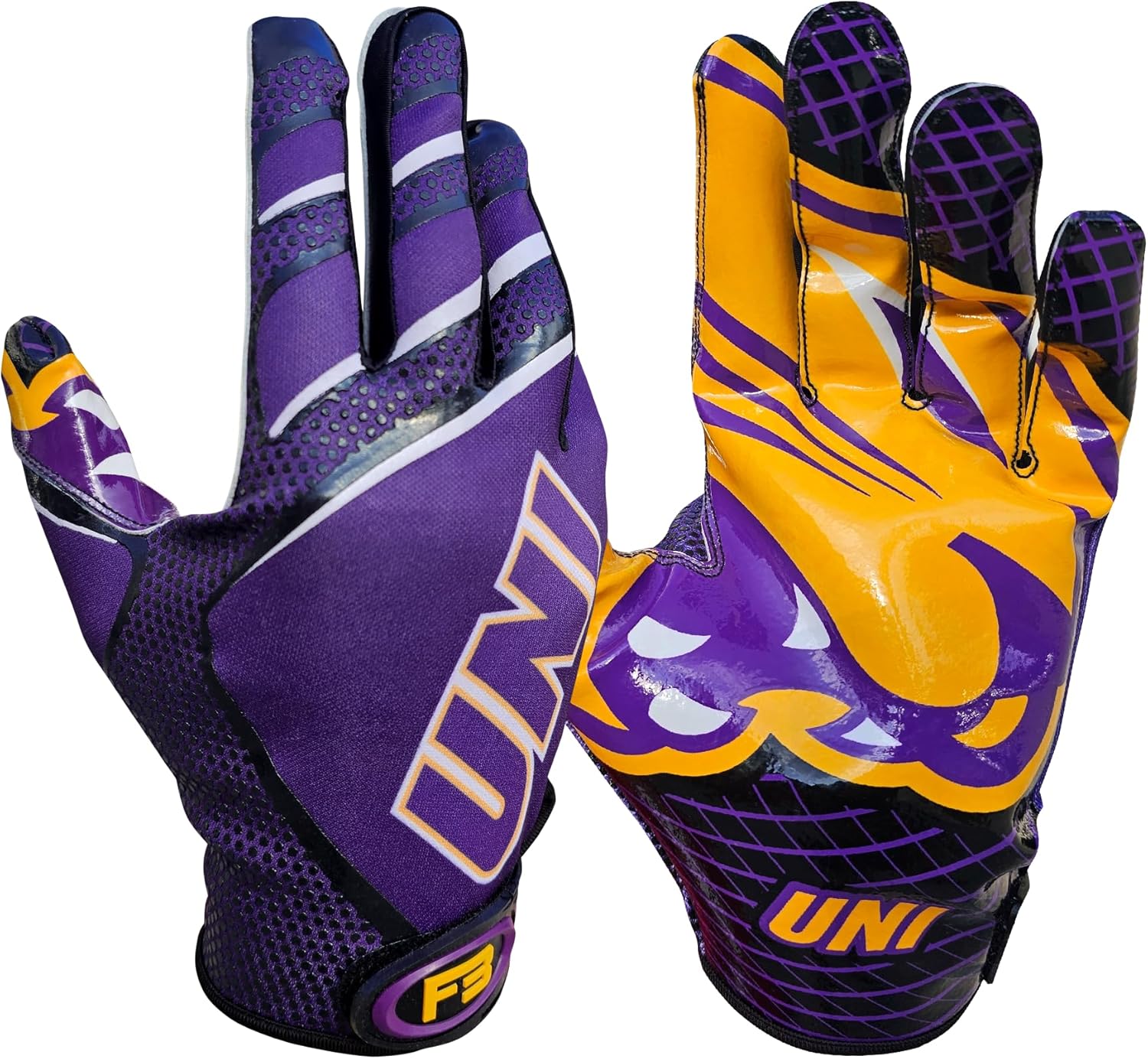 University of Northern Iowa Panthers Football Gloves with Super Stick-Tach Silicone Grip Palms. Men's & Youth Boys Sticky Football Receiver Gloves