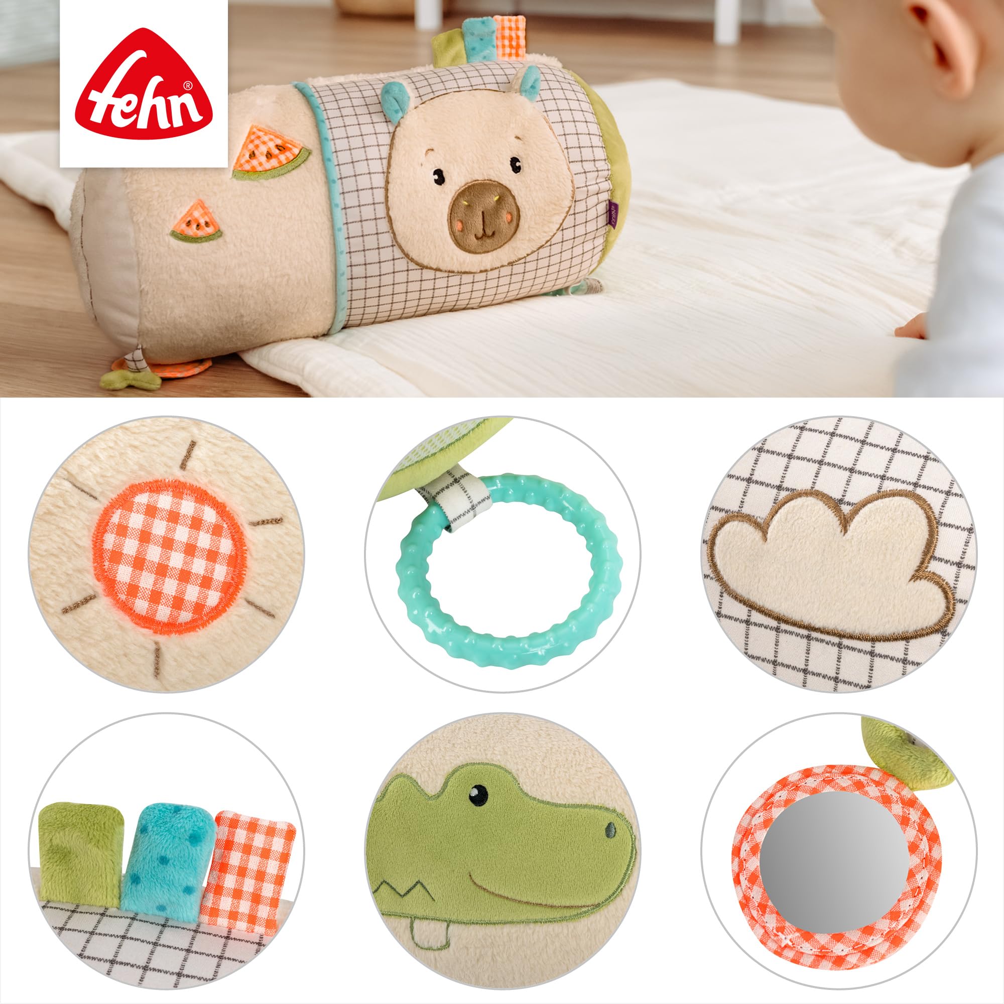 Fehn Capybara - Rouleau d'éveil au design Capybara avec fonctions de jeu - Jouet pour bébé favorise la motricité, la coordination et les sens - Jouet d'éveil pour bébés et tout-petits à partir de 0