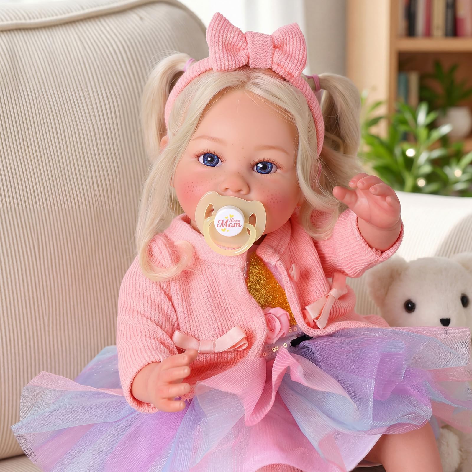 BABESIDE Reborn Baby - 17 Zoll Handgemachte Lebensechte Puppe mit Langen Grauen Haaren - Realistische Babypuppen Mädchen mit Spielzeugzubehör für Kinder Ab 3 Jahren