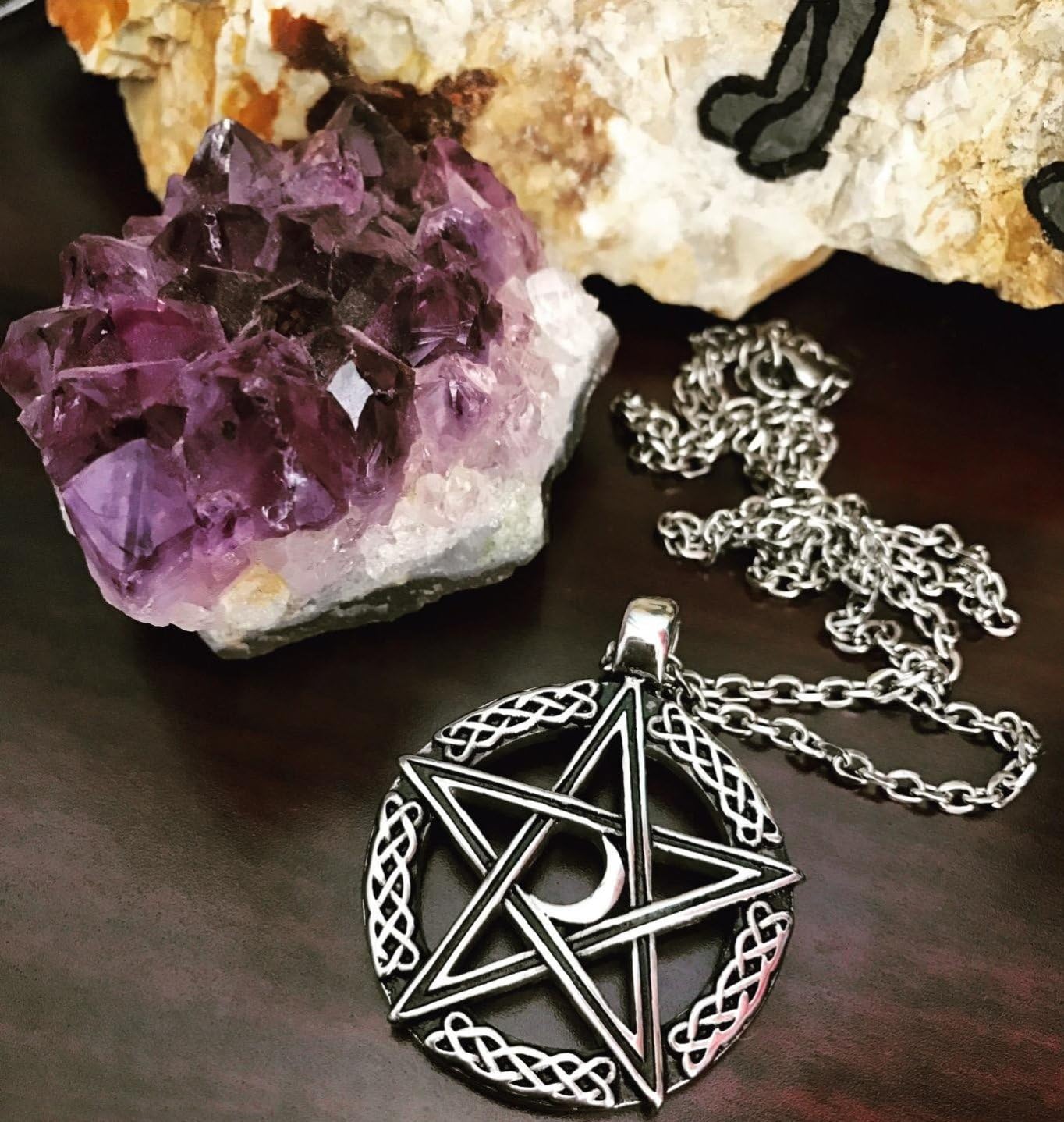 Urban Jewelry Vintage Style Pentacle Pentagram Crescent Moon Stainless Steel Pendant Necklace for Men (21-inch chain) - Image 6