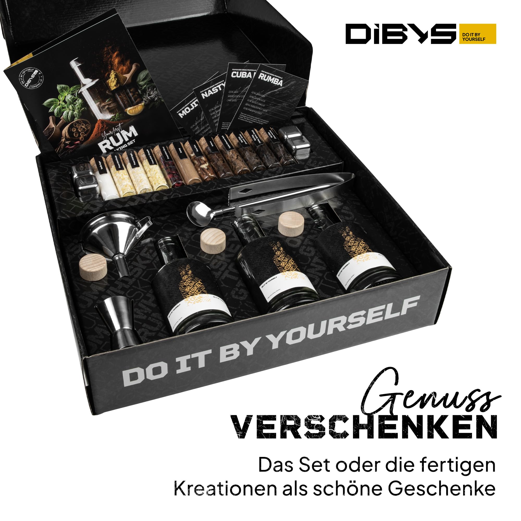 DIBYS Rum-Selber-Machen-Set inkl. 12 natürlichen Botanicals & Zubehör - Rum-Probier-Set als schönes Geschenk für Liebhaber - DIY-Baukasten mit 4 Rezepten