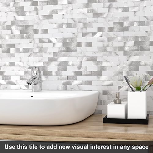 Miniatura 4 de BeNice Azulejos para salpicaduras de cocina, despegar y pegar, azulejos de metal para pared de baño, calcomanías blancas (10 hojas)