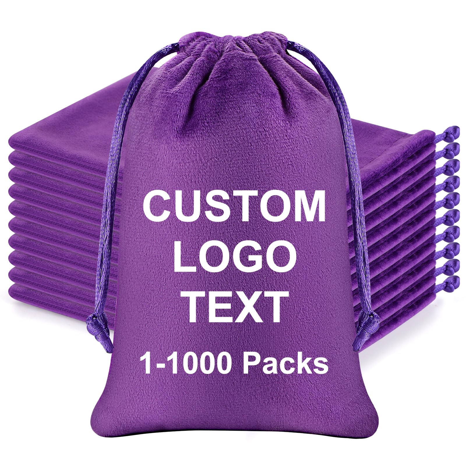 10 Pack Personalised Velvet Drawstring Gift Bags with Logo - Bulk Custom Pouches for Jewellery, Wedding Favours & Christmas, Violet