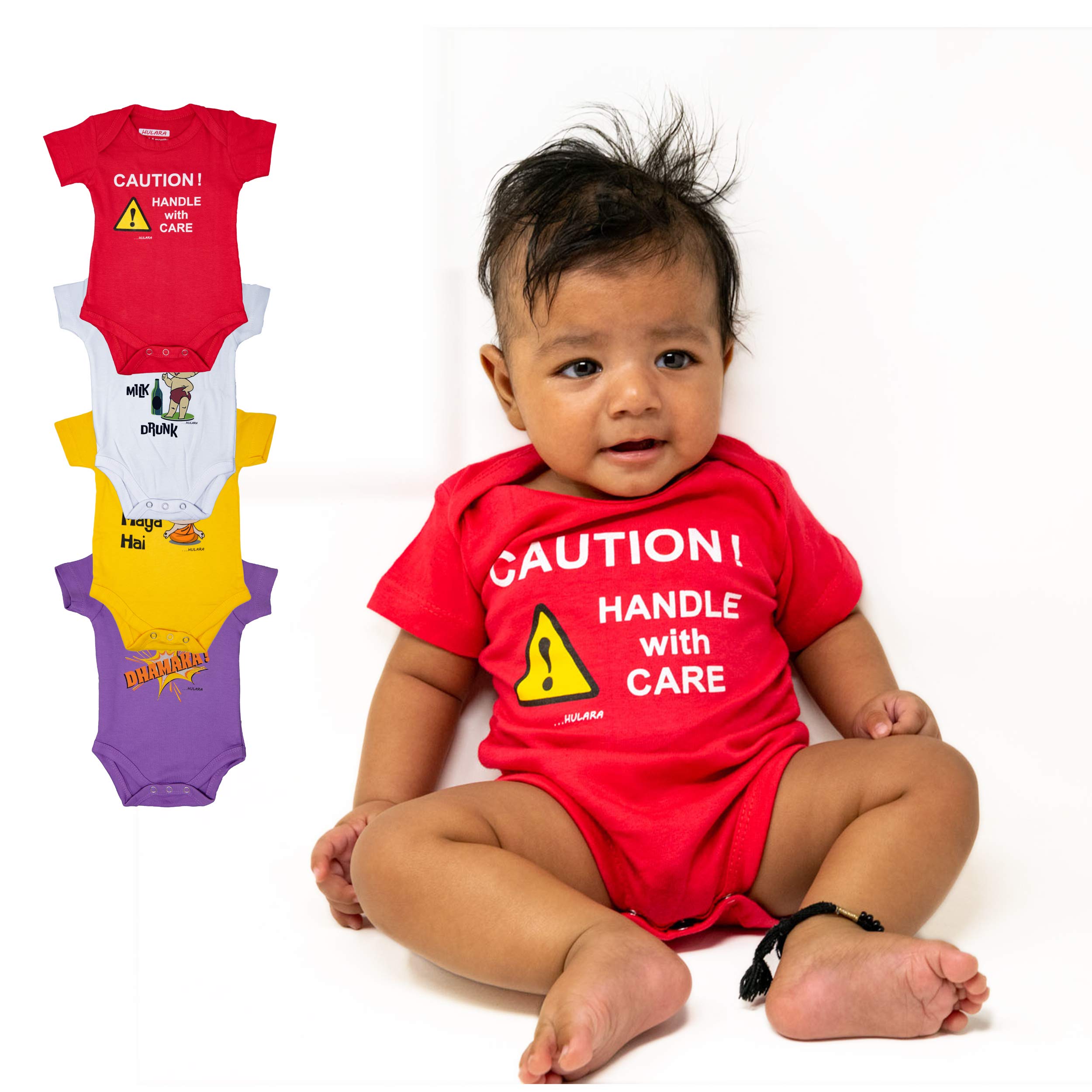 HULARA 100% Cotton Baby Onesies Unisex Cute One Piece Rompers for Newborn Gift Funky Designer Bodysuits (Pack of 4)