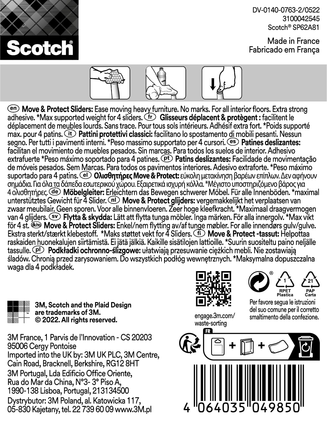 Scotch 0 Move & Protect łyżwy ślizgowe SP62A81, klej, szary, Ø 22 mm, opakowanie 4-100 kg