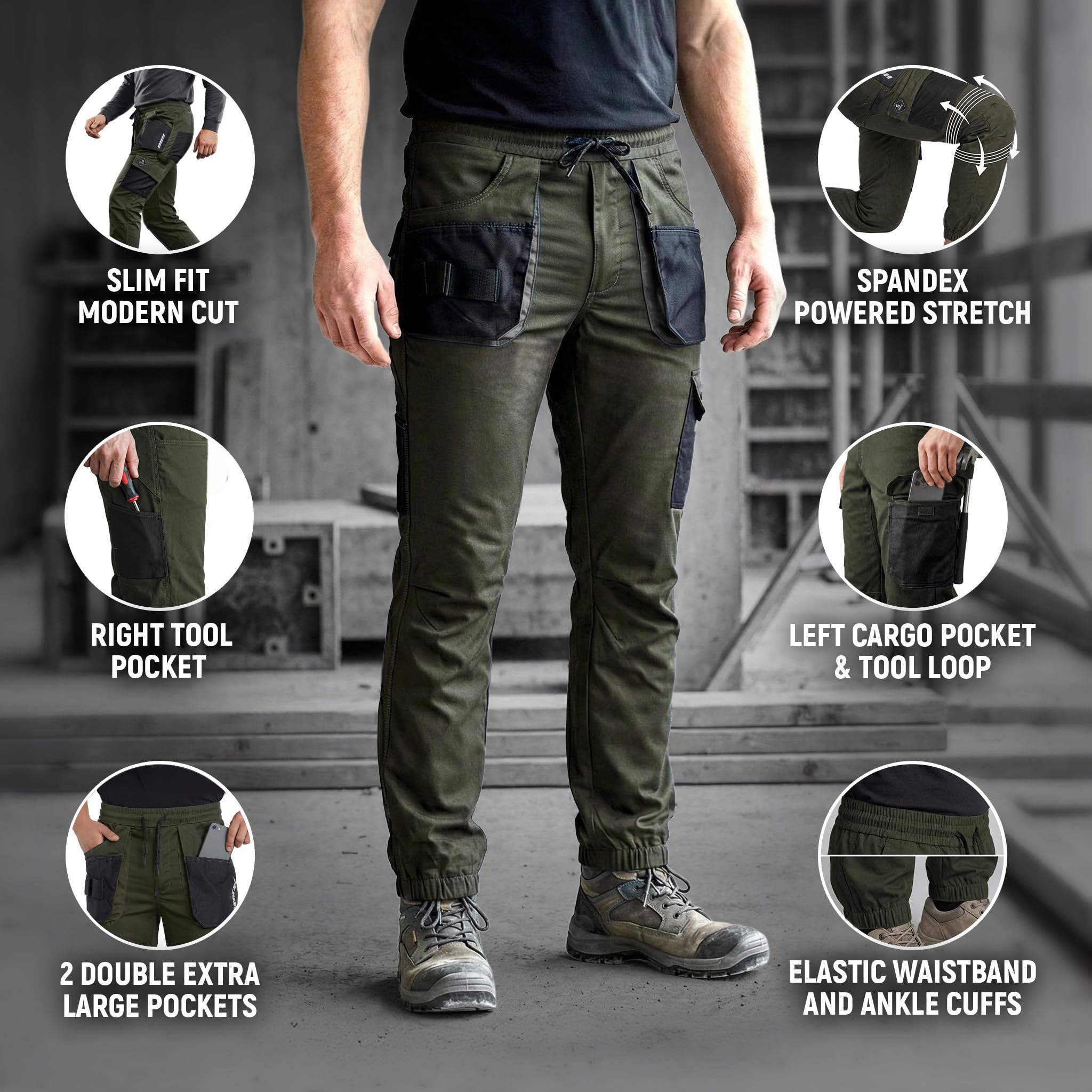 DINOZAVR Revolt Sport Pantaloni da Uomo - Pantaloni da Lavoro da Uomo - Pantaloni da Uomo Elastici con Tasche multifunzionali