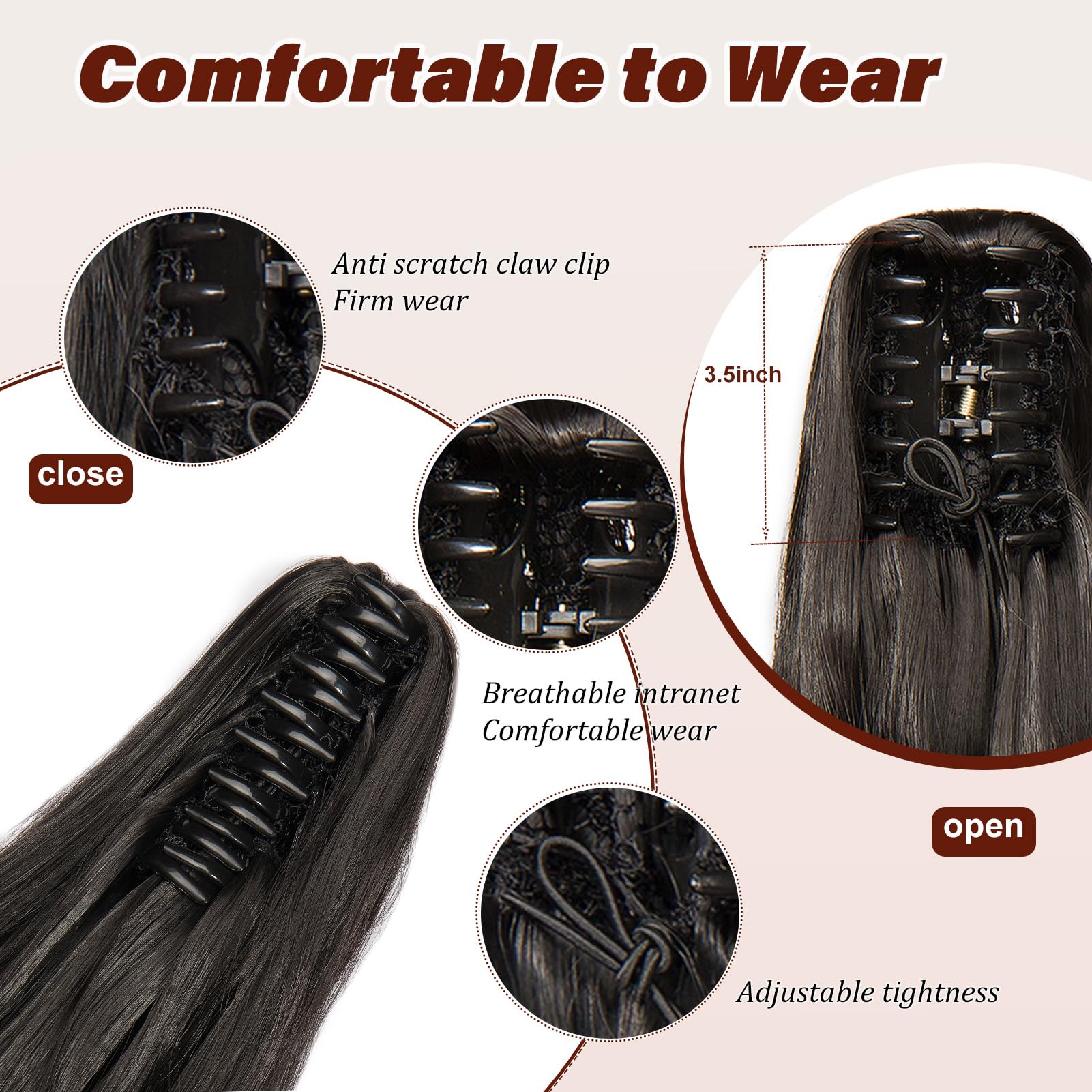 Dcbaboo 18inch Claw Clip in Ponytail Extensions Dark Brown Long Wavy Jaw on Ponytail Hair Extension Curly Pony tails Natural Wave Synthetic One Piece Hair piece - Image 2