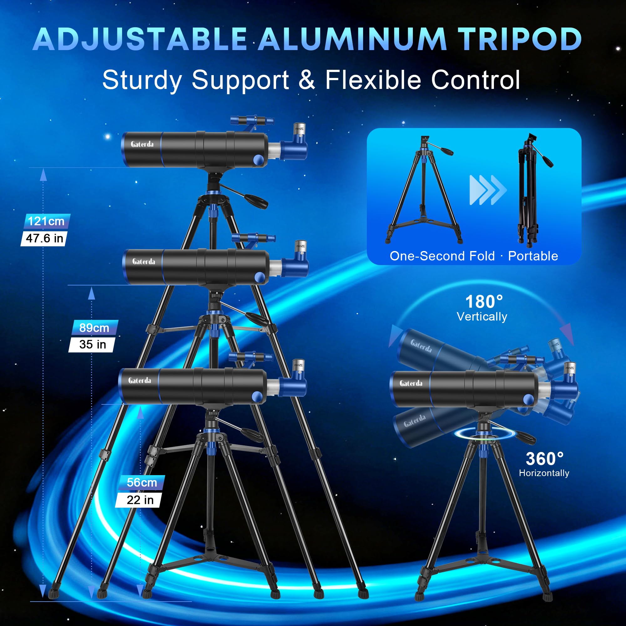 Telescopio Astronomico Professionale per Adulti Principianti, 90/550mm Telescopi Riffrattore(22X–165X) con Treppiede Regolabile Adesivi con Elementi Cosmici & Borsa da Trasporto