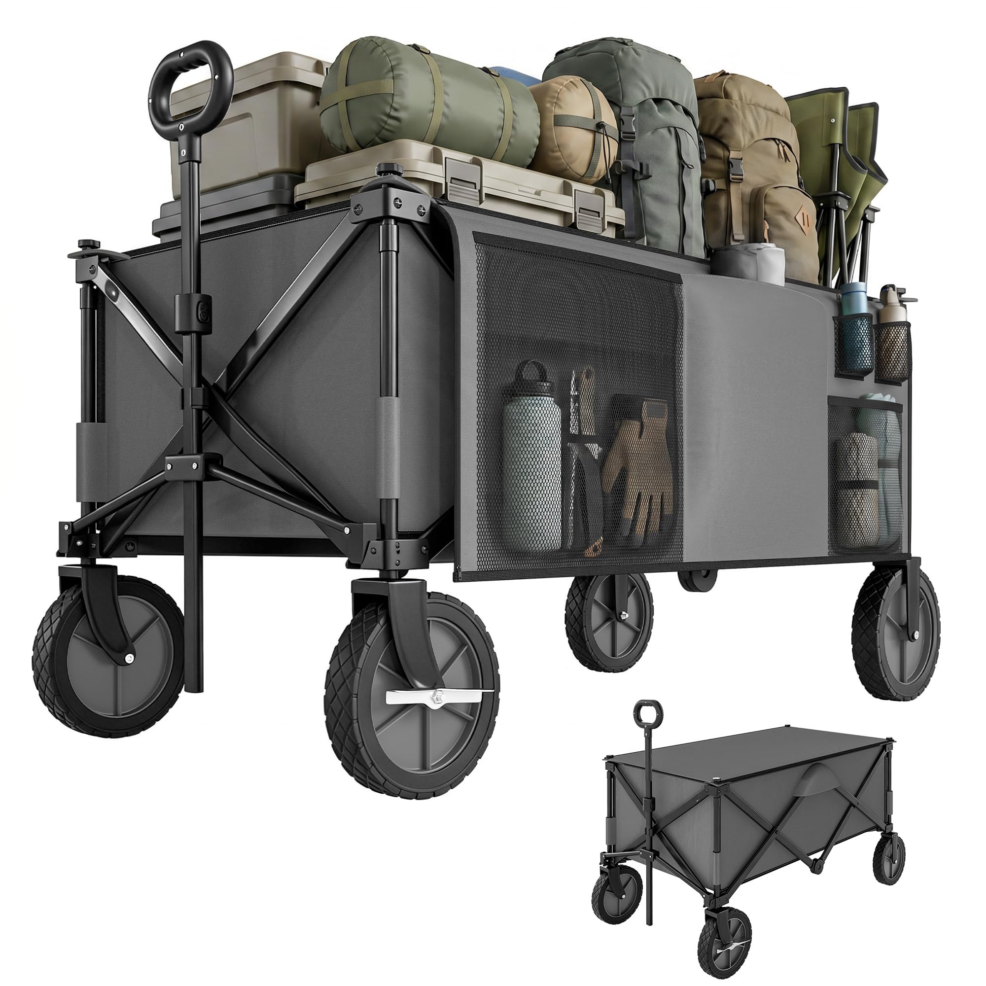 Outsunny Chariot de Plage Pliable 4 Roues, 108 x 55 x 93 cm Gris Foncé | Chariot de Transport, Bâche Amovible, Poignée Télescopique, Inclinaison Réglable, Plateau Pliable, 5 Sacs de Rangement