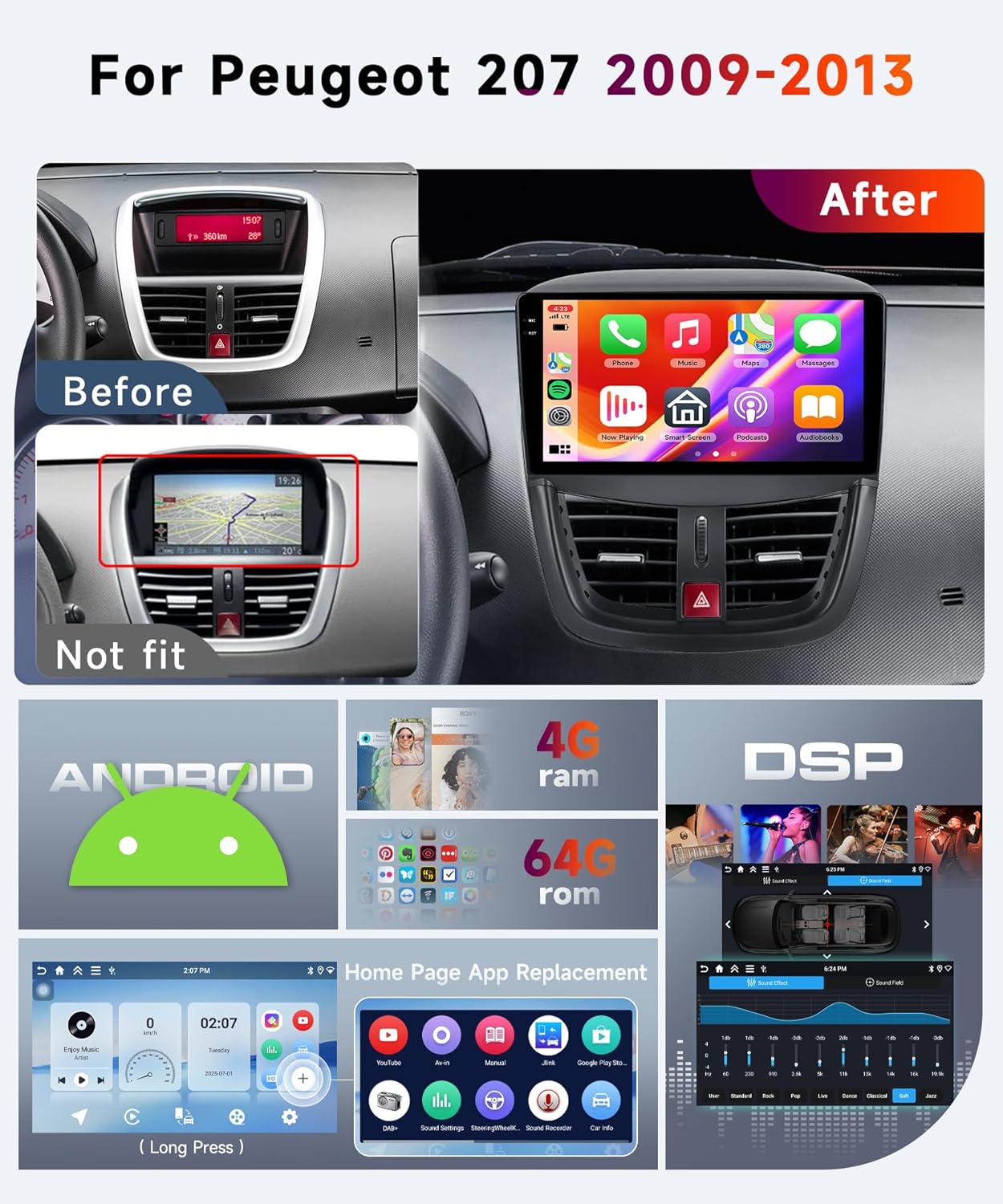 Before and after installation comparison of the Hodozzy Car Radio in a Peugeot 207, highlighting Android UI and specifications