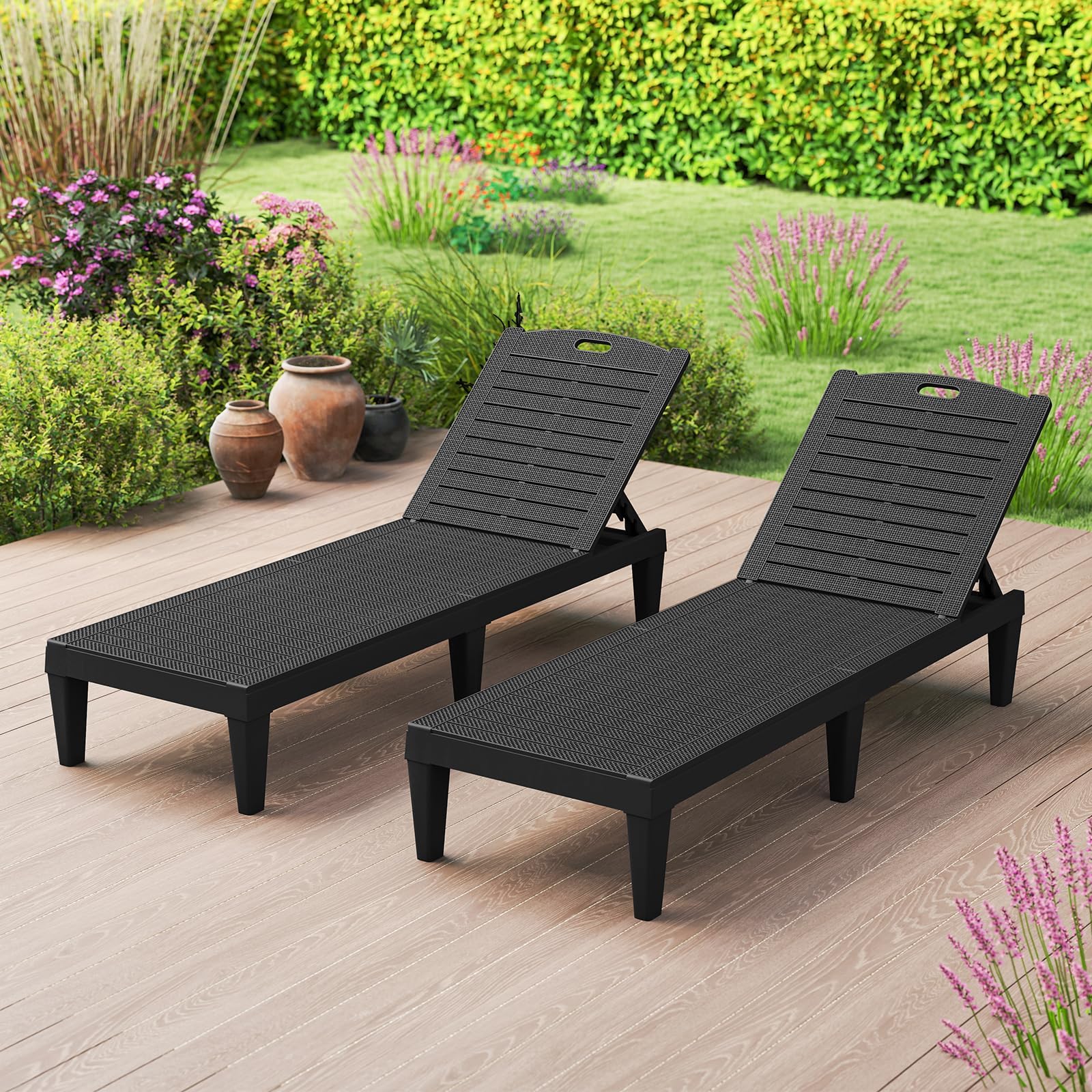 FANTASK Sonnenliege Kunststoff 2er Set, wetterfeste Gartenliege mit Verstellbarer Rückenlehne, Balkonliege, Terrassenliege, Liegestuhl bis 160 kg belastbar für Garten, Terrasse (Schwarz)