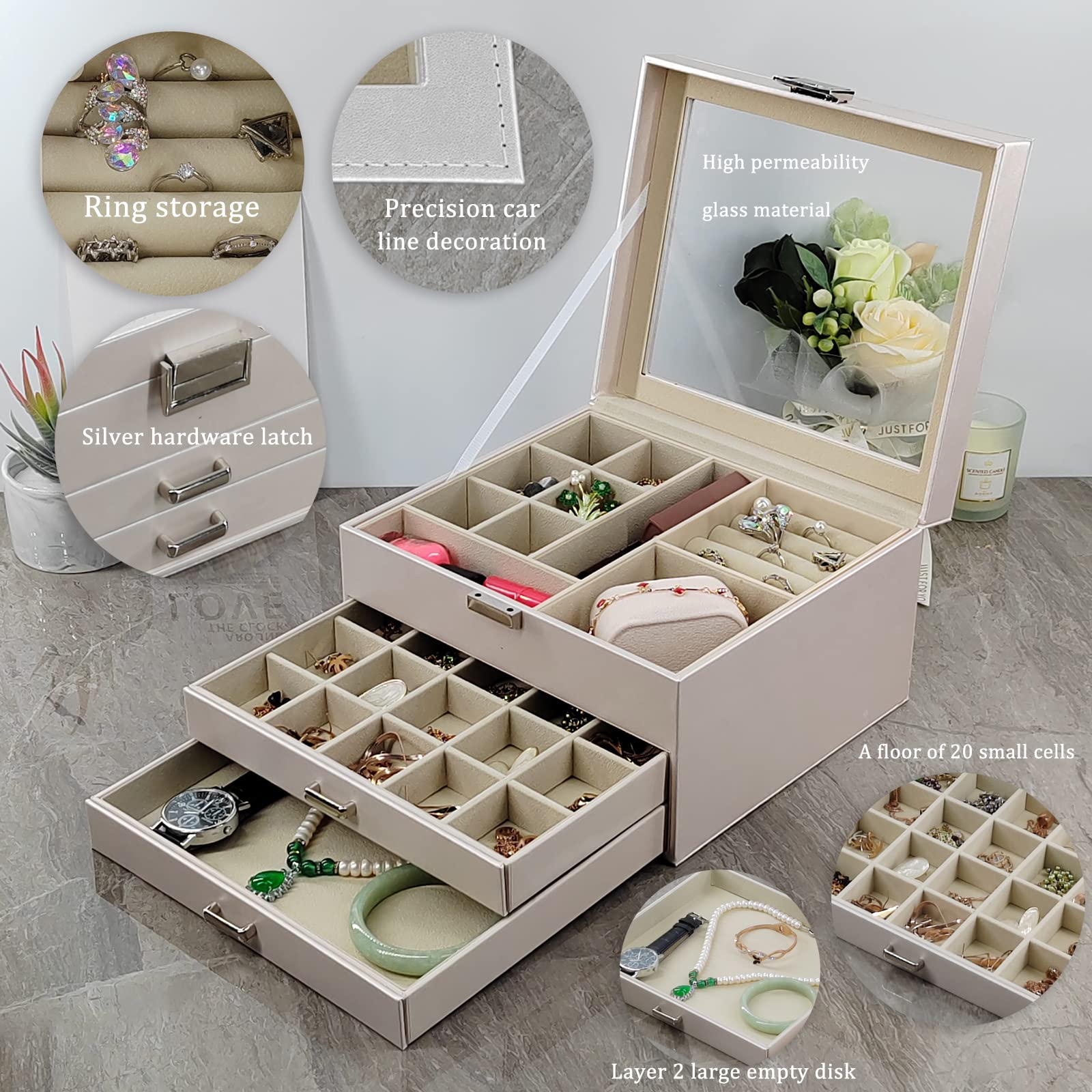 Clear Lid Jewelry Box,3 Layers Jewelry Organizer Large Multi-Functional Jewelry Storage Box with 2 Drawers,Jewelry Display Case of Rings Earrings Necklace Bracelets for Women Girls (Light gold)