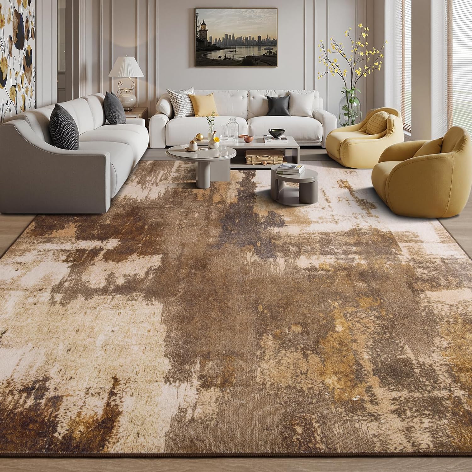 Kelarea Living Room Rug, 9x12 Rug Modern Abstract Washable Rugs, Brown Vintage Low Pile Carpet, Non Slip Large Rugs for Bedroom, Dining Room, College Dorm, Home Office 9' x 12' (Rectangular) Brown