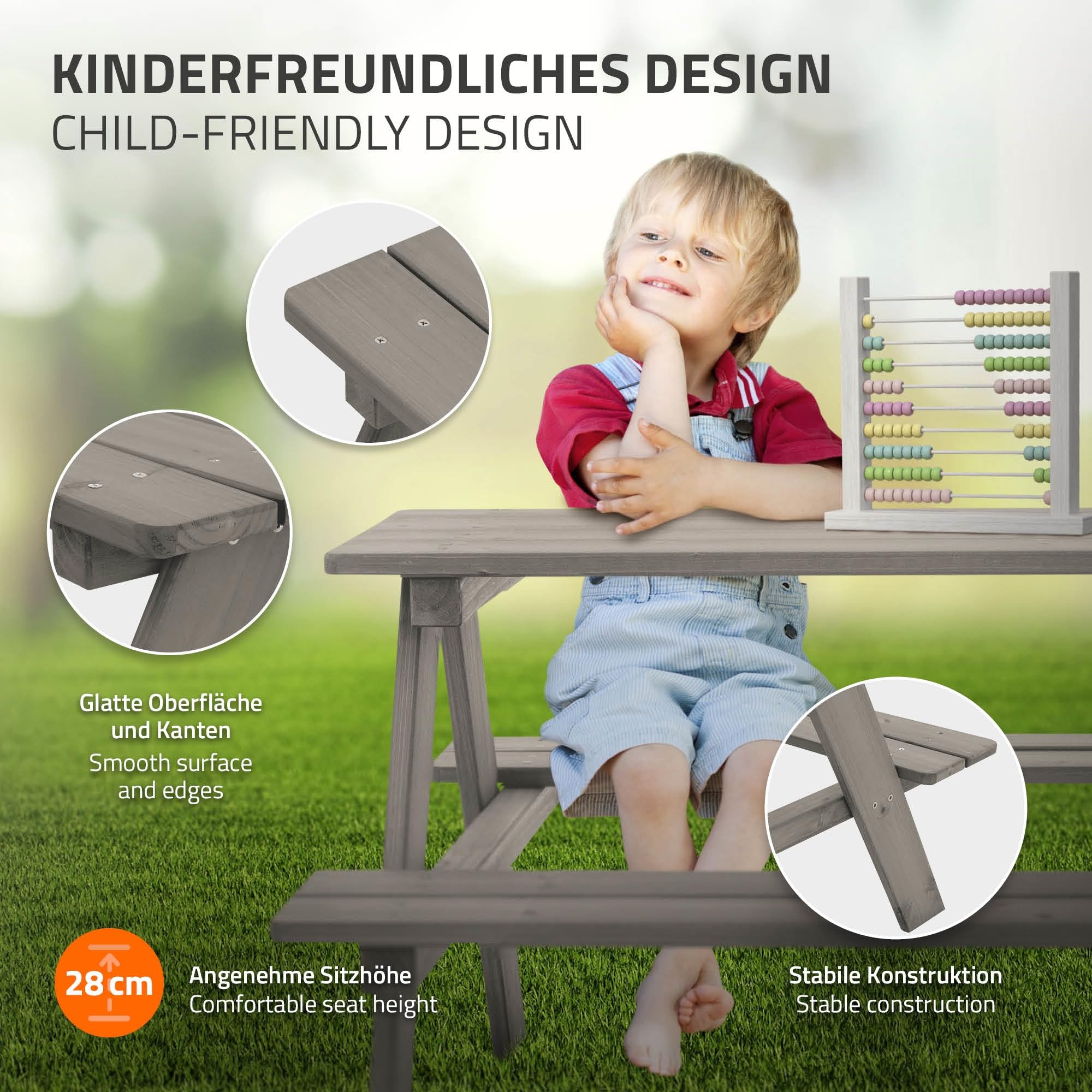 ML-Design Kindersitzgarnitur für Draußen, Grau, Sitzgruppe Outdoor 2 Bänke mit Tisch, Garten Kindersitzgruppe mit 4 Plätzen, Sitzgarnitur für Kinder Massivholz, Picknicktisch Kinder, Spielsitzgruppe