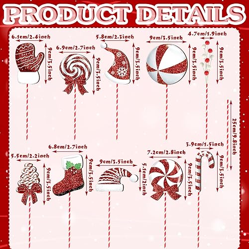Miniatura 2 de Shappy Juego de 20 piezas de púas de Navidad, adornos de caramelo de Navidad, guantes de sombrero de Papá Noel con purpurina y rayas rojas y blancas