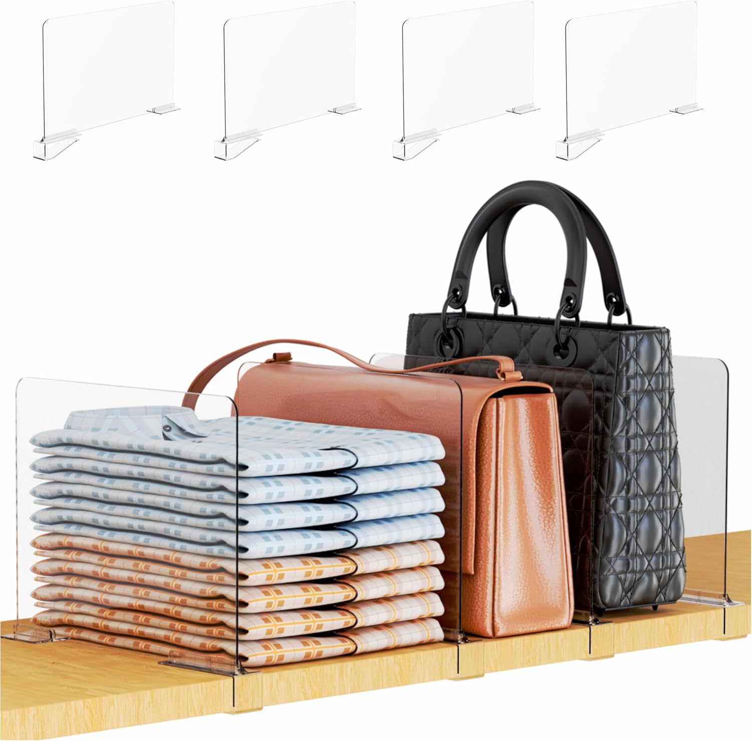 Yieach 4-Pack Adjustable Acrylic Closet Shelf Dividers - Clear Organizers for Towels, Sweaters, Purses, T-Shirts on Wood Shelves (8.7-11.1")