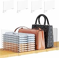 Yieach 4-Pack Adjustable Acrylic Closet Shelf Dividers - Clear Organizers for Towels, Sweaters, Purses, T-Shirts on Wood Shelves (8.7-11.1")