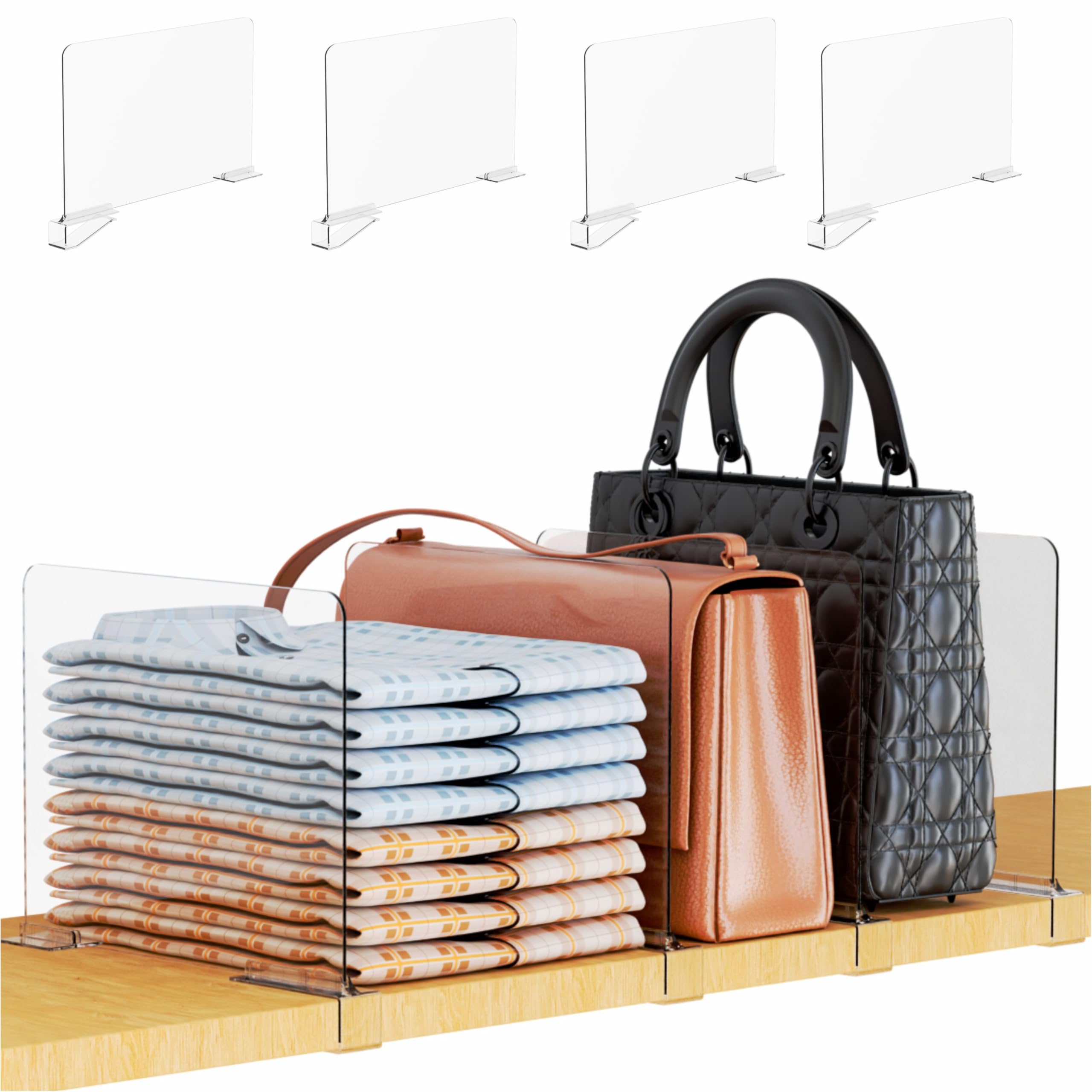 Yieach 4 Pack Towel,Sweater,Purse Organizer and Acrylic Shelf Dividers for Closet Organization - Adjustable Height - Vertical Shelf Separators for T