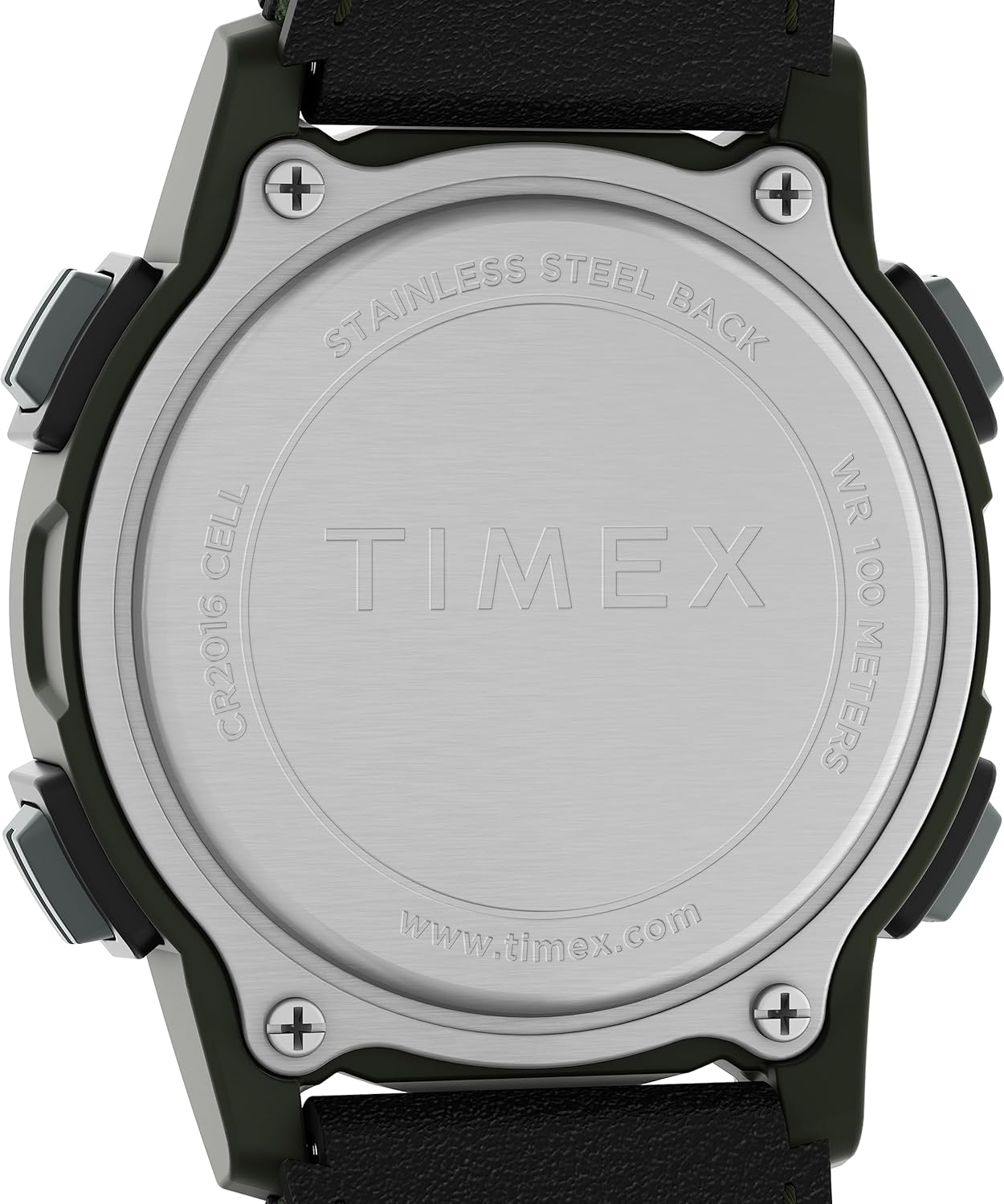 Primer pla view of the back of the Timex Expedition CAT Digital Watch, showing the stainless steel back with engraved text including 'WATER RESISTANT 100 METERS' and 'CR2016 CELL'.