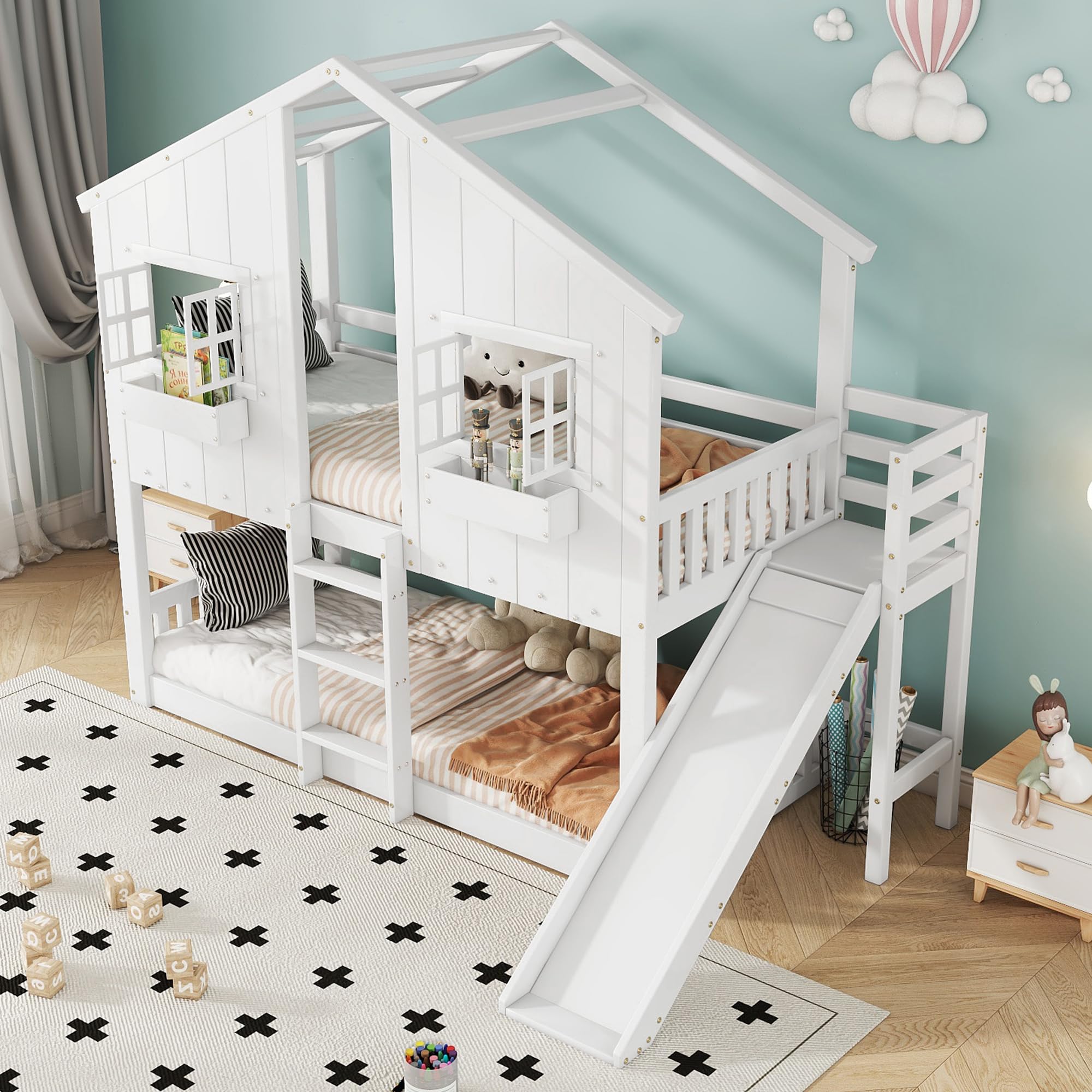 Etagenbett 90x200 cm, Kinderbett mit Rutsche, Kinder Hochbett mit Dach und Fenster, mit Fallschutzgitter Dreistufiger Leiter, Kiefer+MDF, ohne Matratze, Weiß