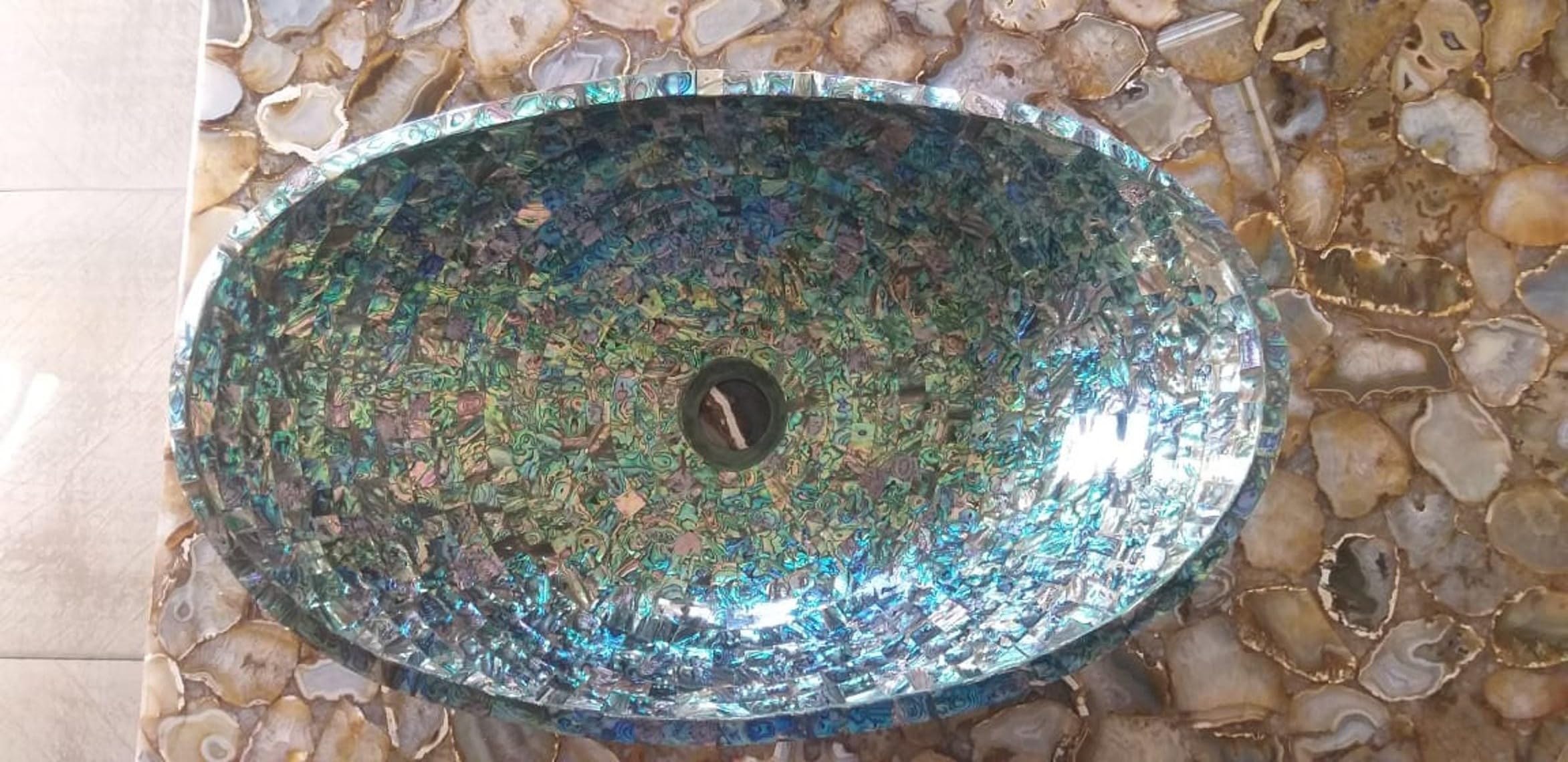 Abalone-Muschel-Spüle zur Tischmontage, Abalone-Muschel-Spüle, mehrfarbige Handwaschschüssel, Edelstein-Van-Gefäß, Abalone-Muschel, 61 x 48 cm
