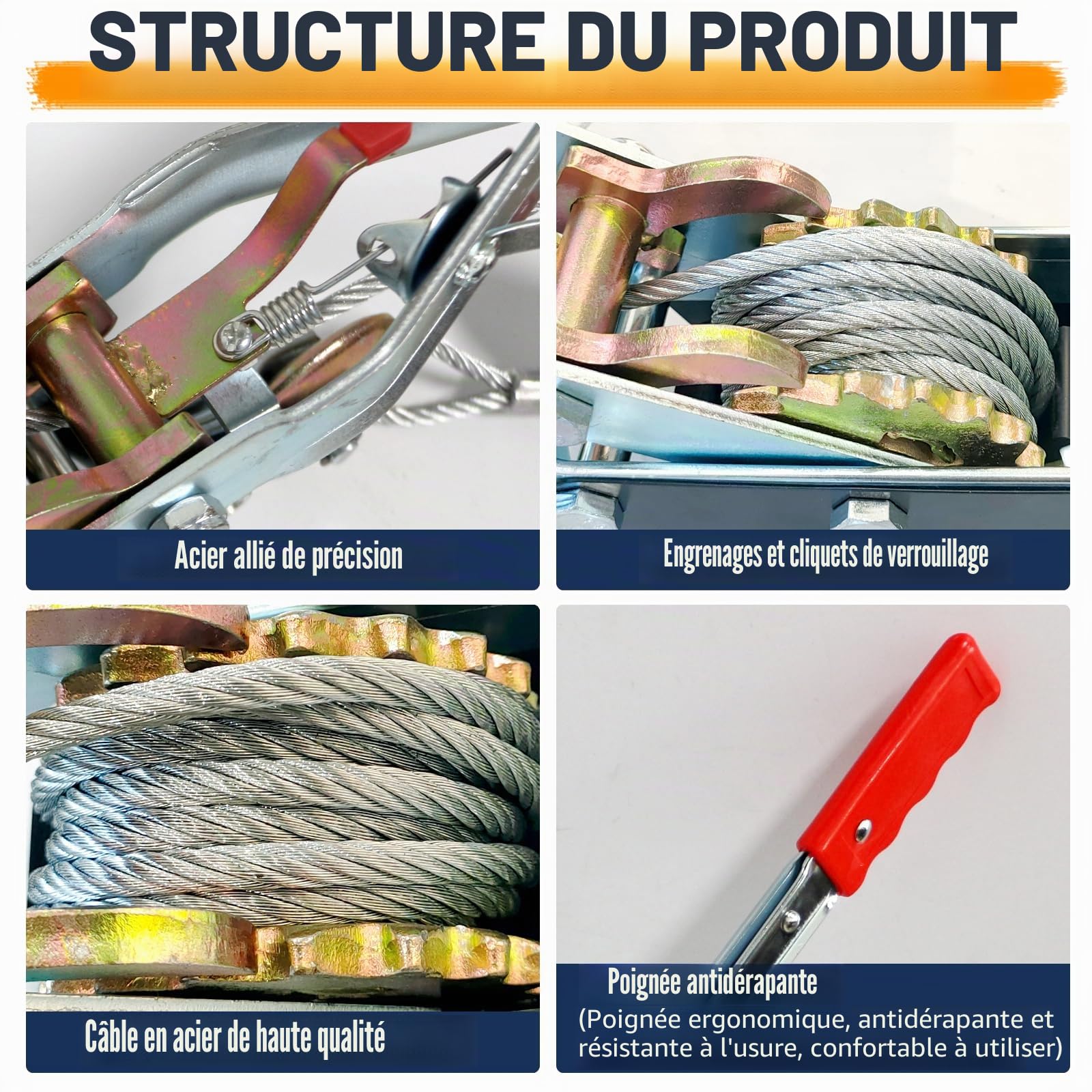 Palan Manuel à Câble 5 Ton Capacité,3,5m Treuil Manuel à Cliquet Câble Acier,Outil d'Extraction Robuste Double Engrenage,avec 3 Crochet,Tire Fort,Treuil de traction Cabestan pour Sauvetage Véhicules