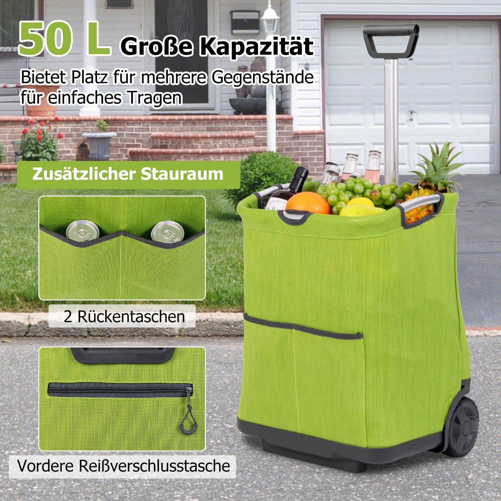 GOPLUS Wózek na zakupy, składany, 50 l, wózek na zakupy, składany, z 2 kołami i 3 kieszeniami, lekki wózek na zakupy, wykonany z aluminiowej ramy, na zakupy i kemping, zielony (zielony)